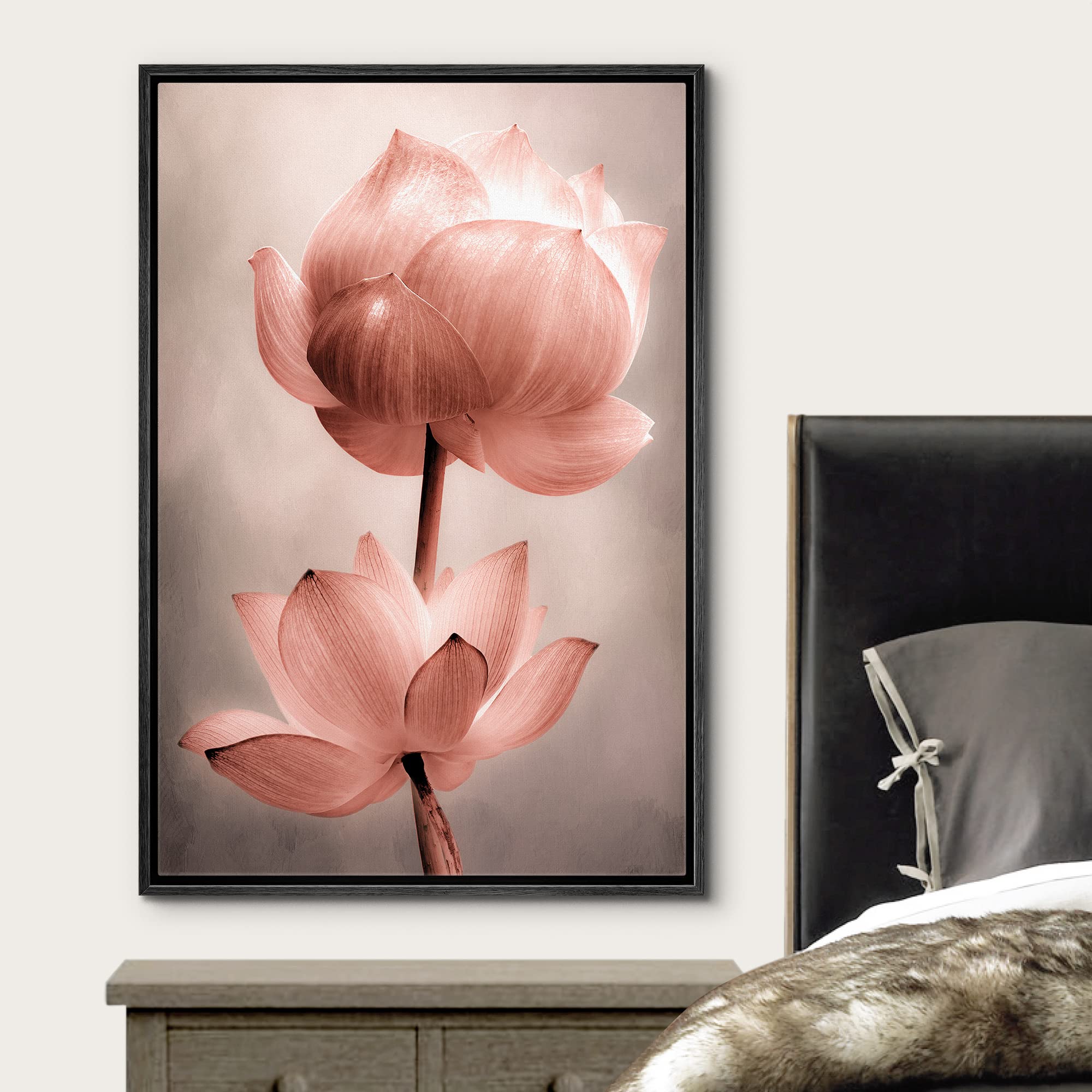 Wall26 Framed Canvas Wall Art - Closeup Of Lotus Flower - Gallery Wrap Modern Home Art | Ready To Hang - 24''X36'' Black