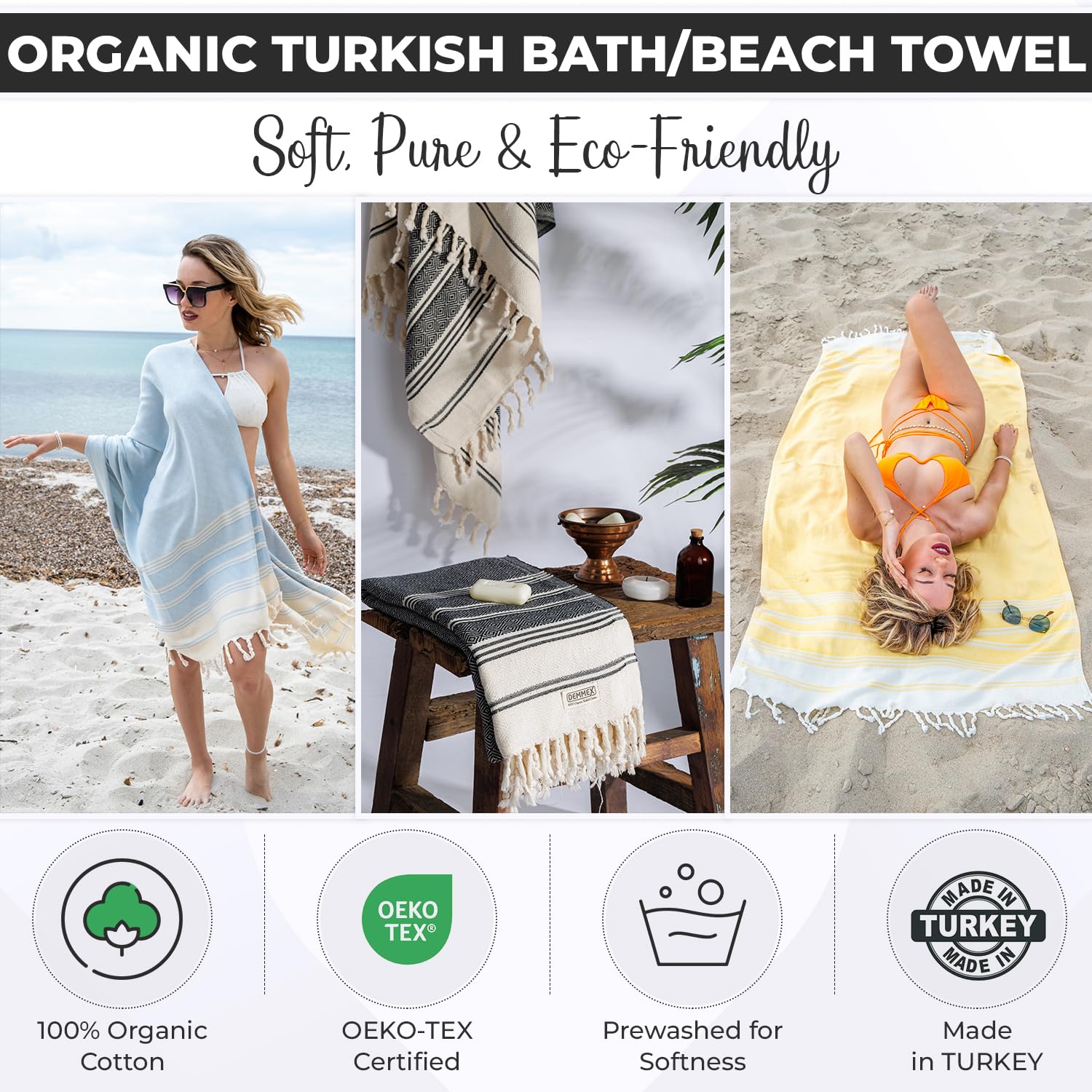 DEMMEX Certified 100% Organic Turkish Cotton Beach and Bath Towel  Peshtemal Towel Blanket  Quick Dry Sand Free  Oversized Light Compact  Diamond Weave  Prewashed  71x36 Inches  14 Oz (Nile)