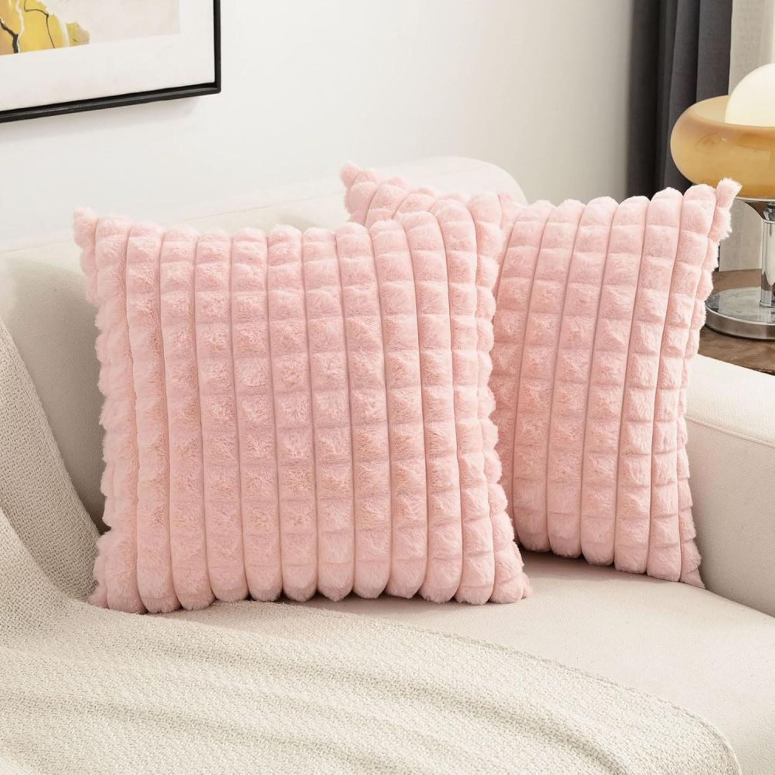 Monkdecor (O.F) Pink Faux Fur Cozy Soft Plaid Decorative Throw Pillow Covers 16X16 Inch Set Of 5,Velvet Pillowcase Cushion Case 