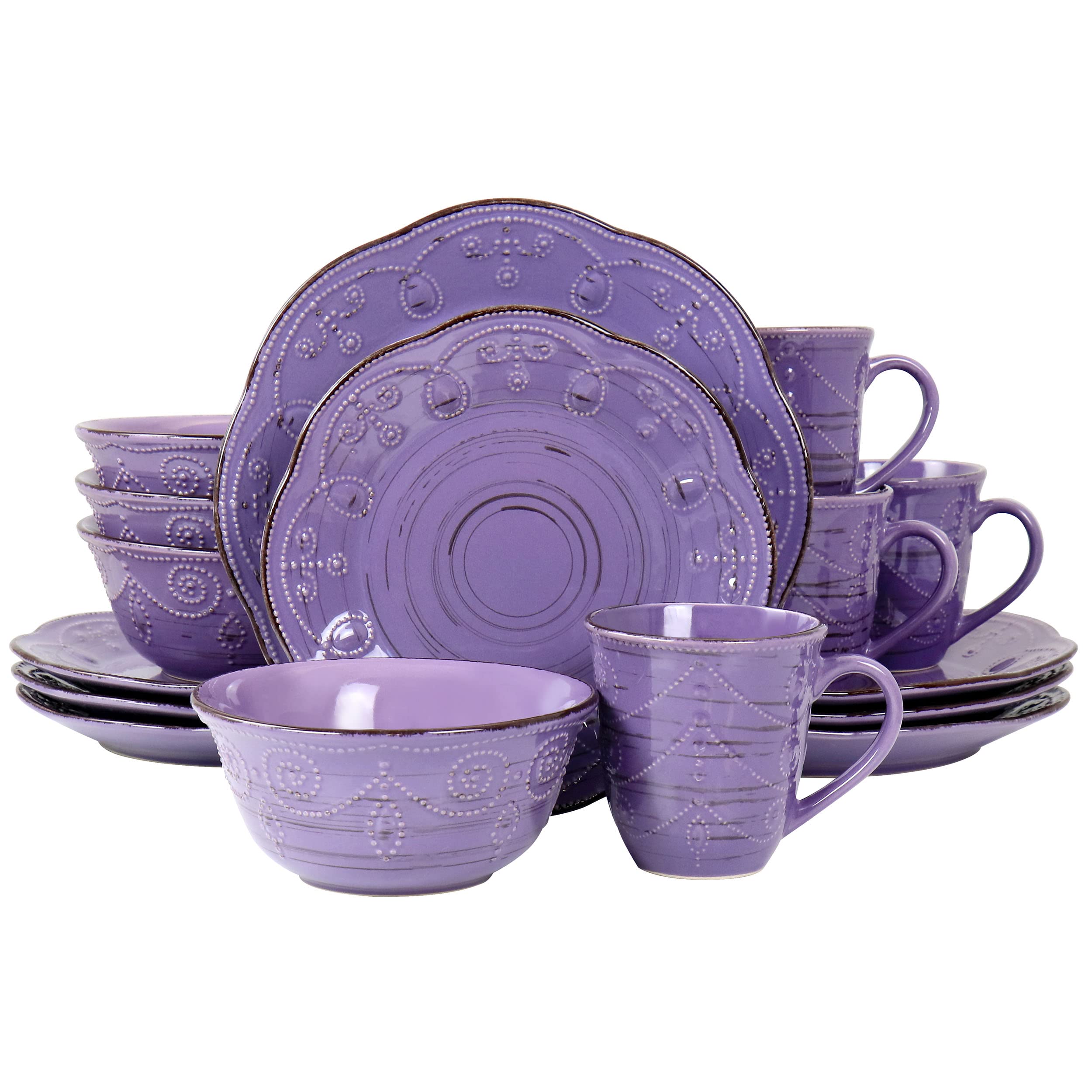 Elama Rustic Birch 16 Piece Stoneware Dinnerware Set in Purple, (EL-RUSTICBIRCH)
