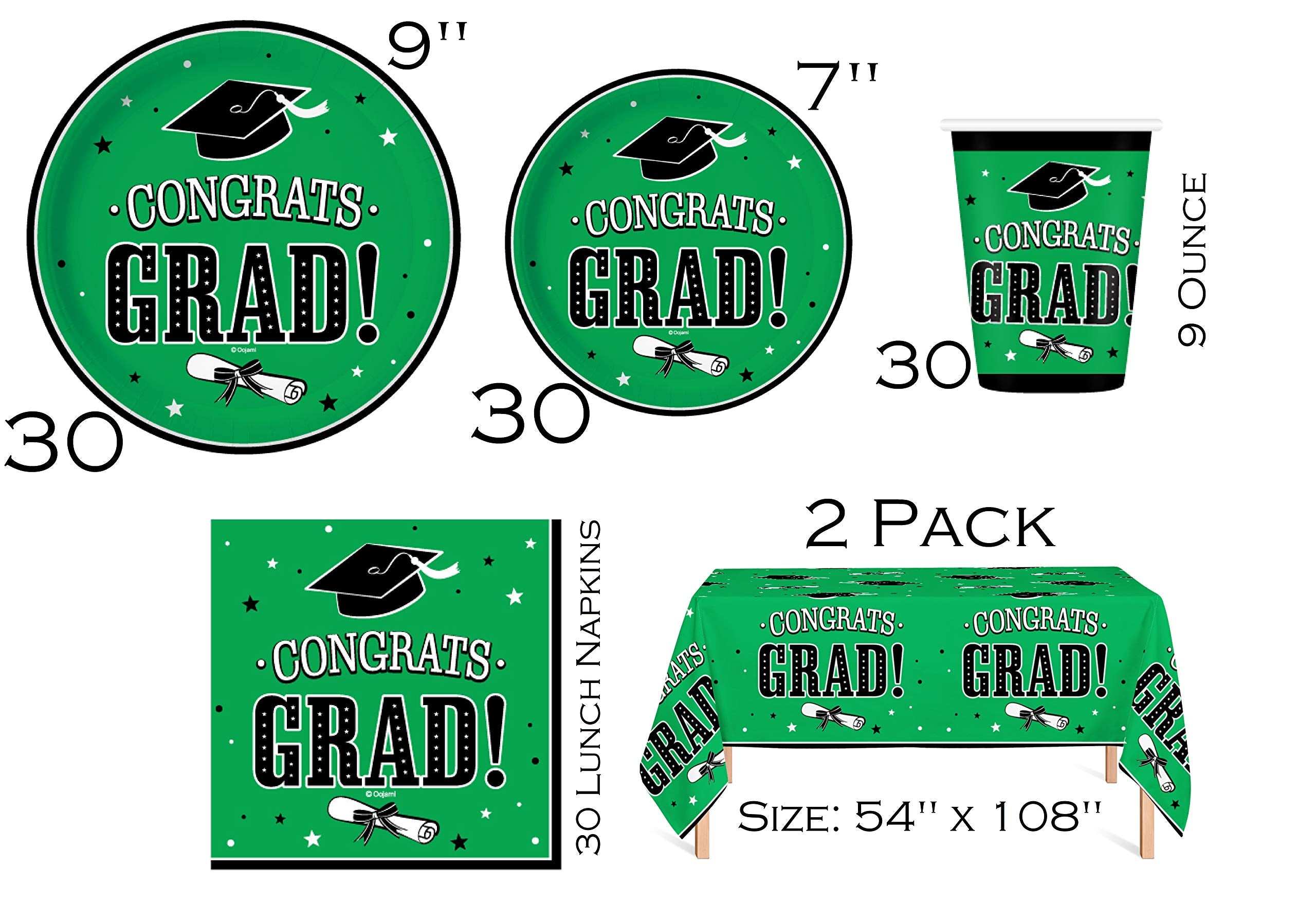 Serves 30 | Ultimate Party Pack | Congrats Grad Green Party Supplies | 9'' Dinner Paper Plates | 7'' Dessert Paper Plates | 9 Oz