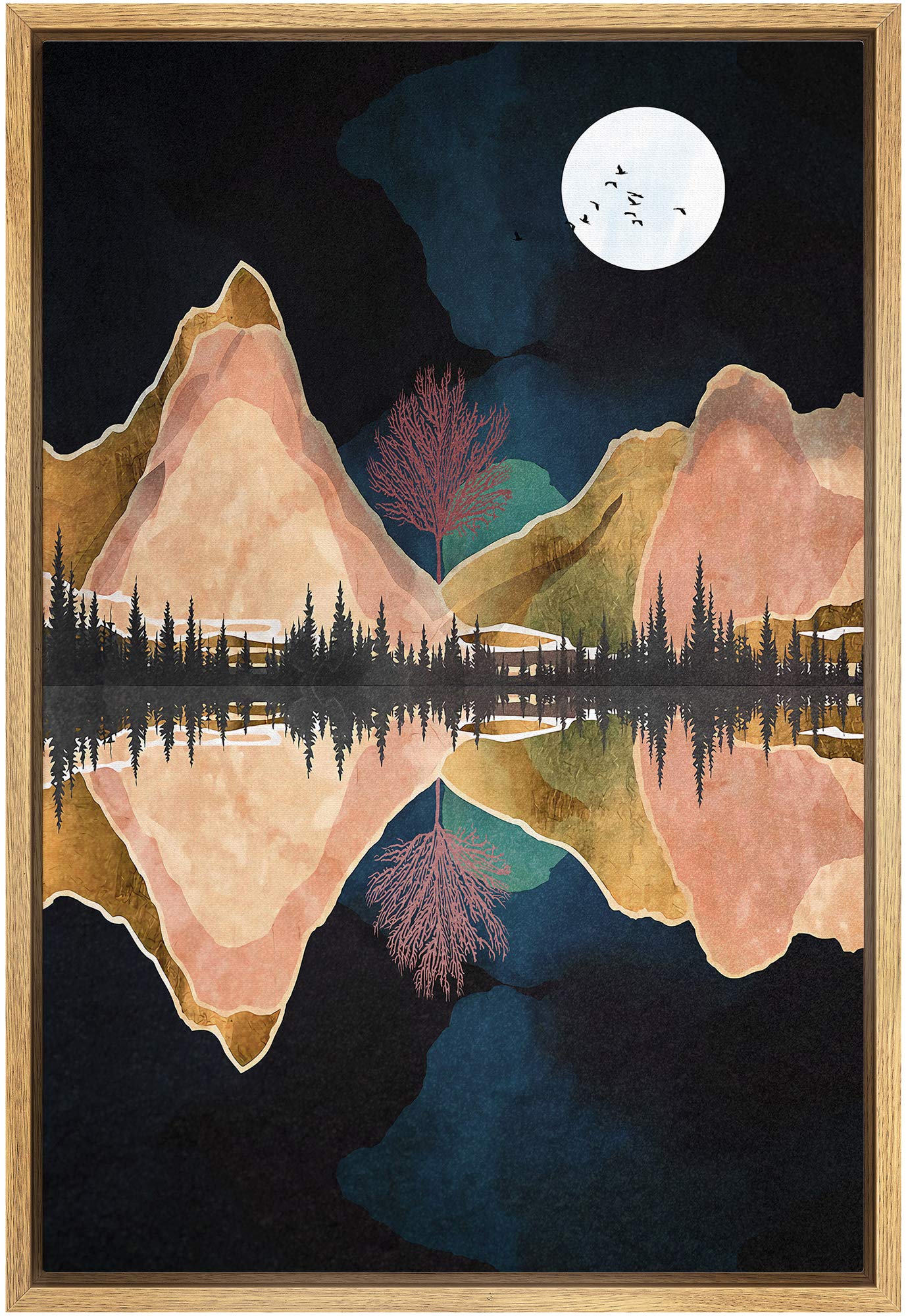 Signford Framed Canvas Print Wall Art Watercolor Mountains & Forest Reflection Abstract Wilderness Illustrations Modern Art Cont