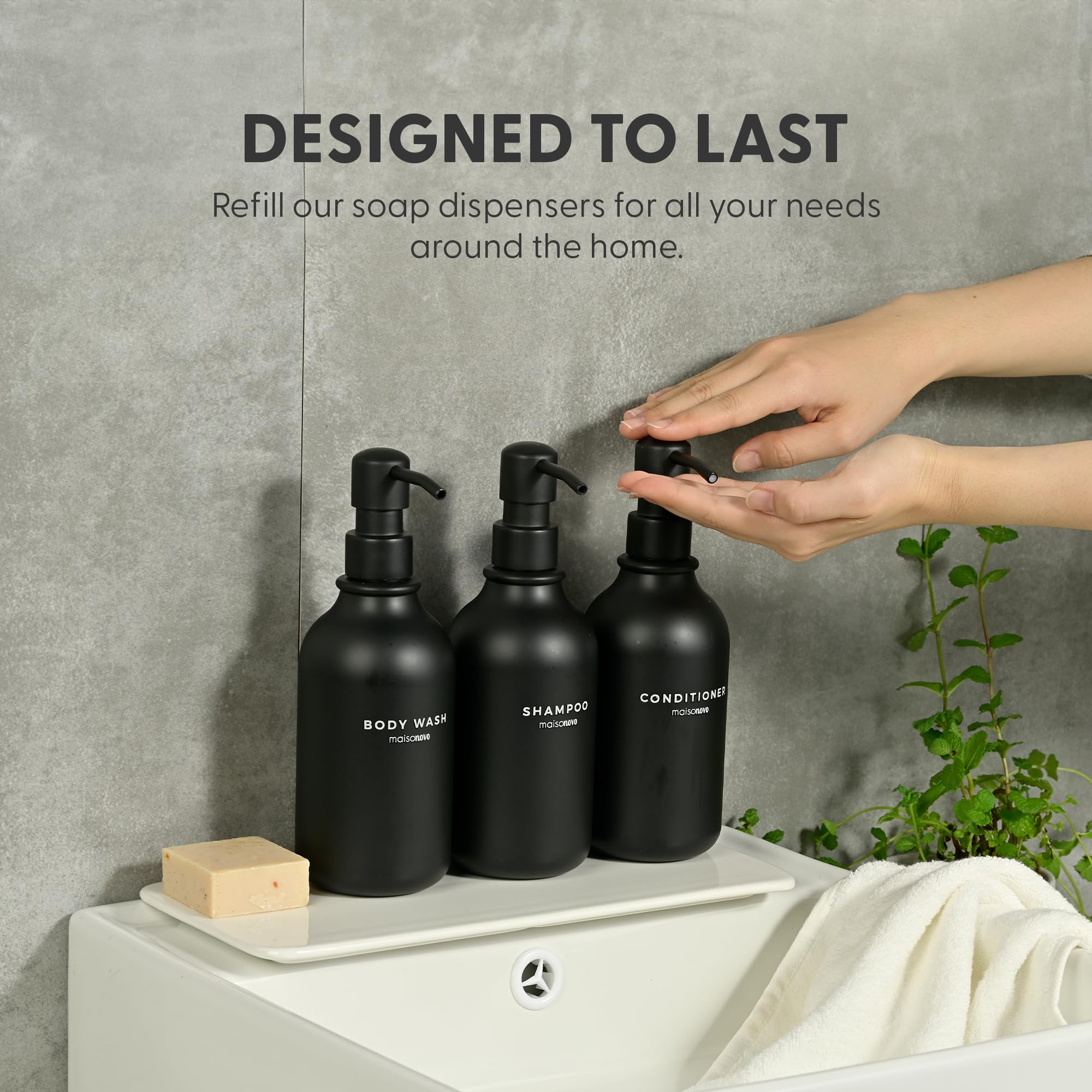 MaisoNovo Shampoo and Conditioner Dispenser | 3 Plastic Black 3 Wall Mount Black | Shampoo Dispenser with Labels | Shower Bottles Refillable