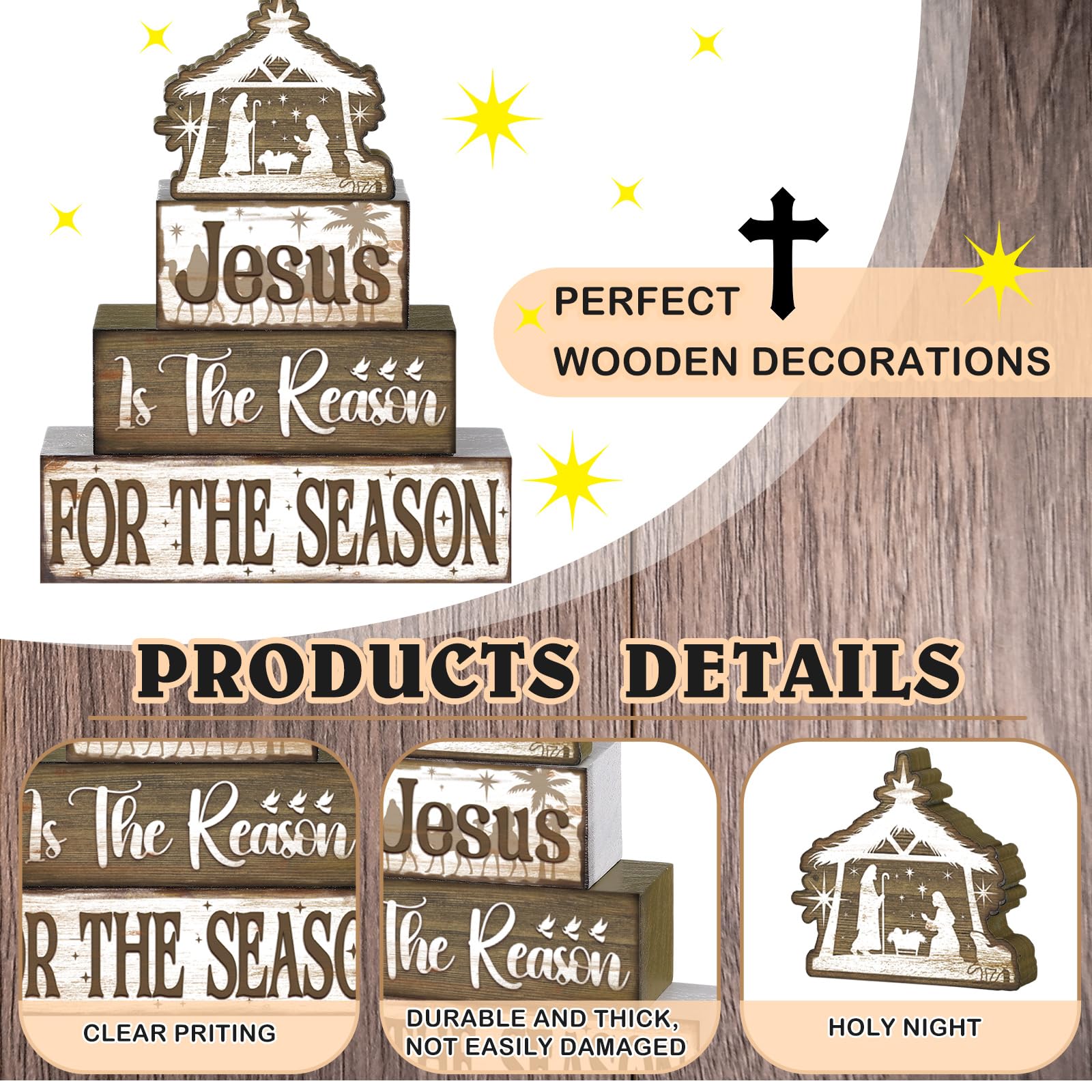 Moucuny 4 Pcs Christian Religious Table Decor Jesus Is The Reason for The Season Wooden Decorative Signage Christmas Tiered Tray