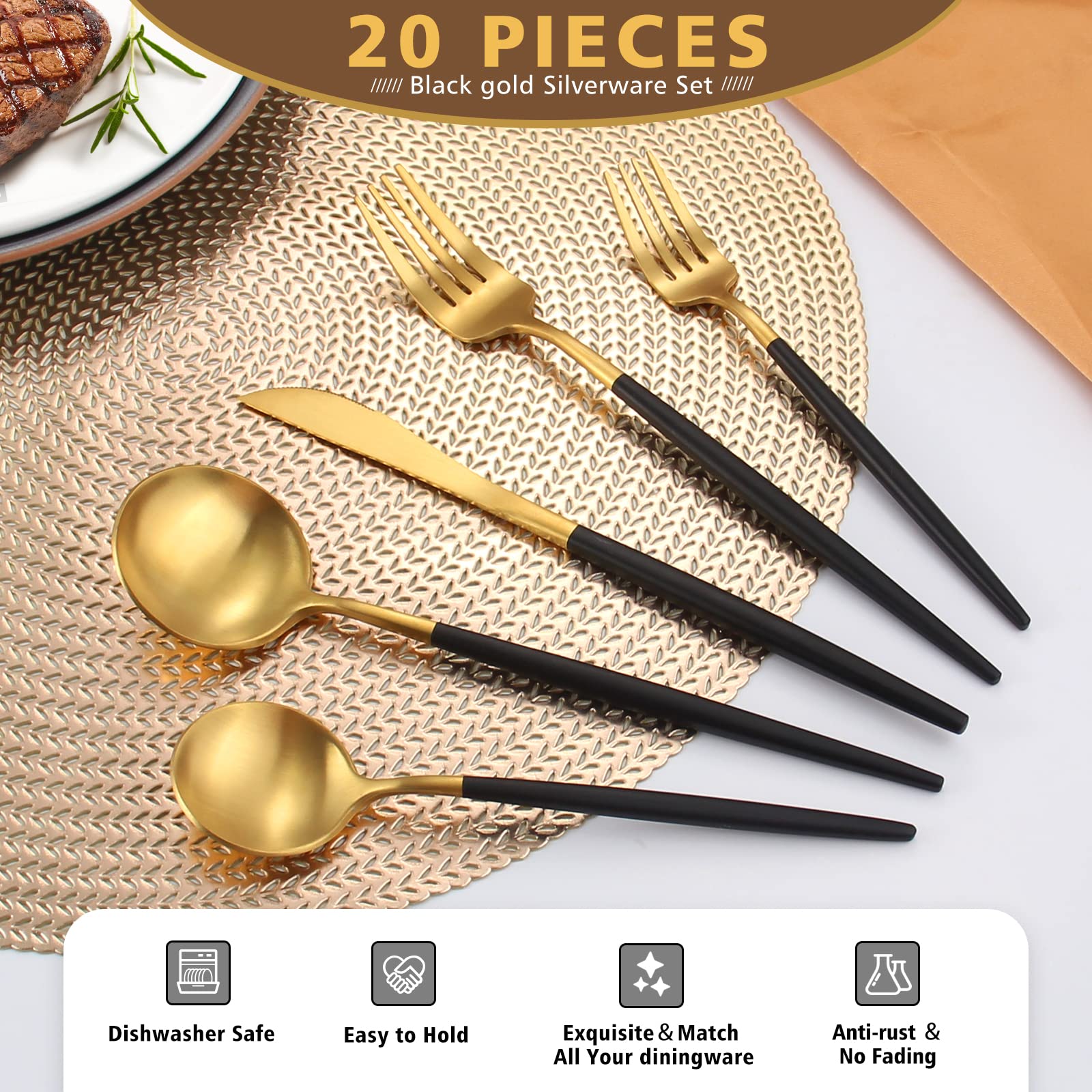 Matte Black Gold Silverware Set  Oliviola 20-Piece Stainless Steel Flatware Cutlery Set Service for 4  Satin Finish Kitchen Utensil Set  Dishwasher Safe