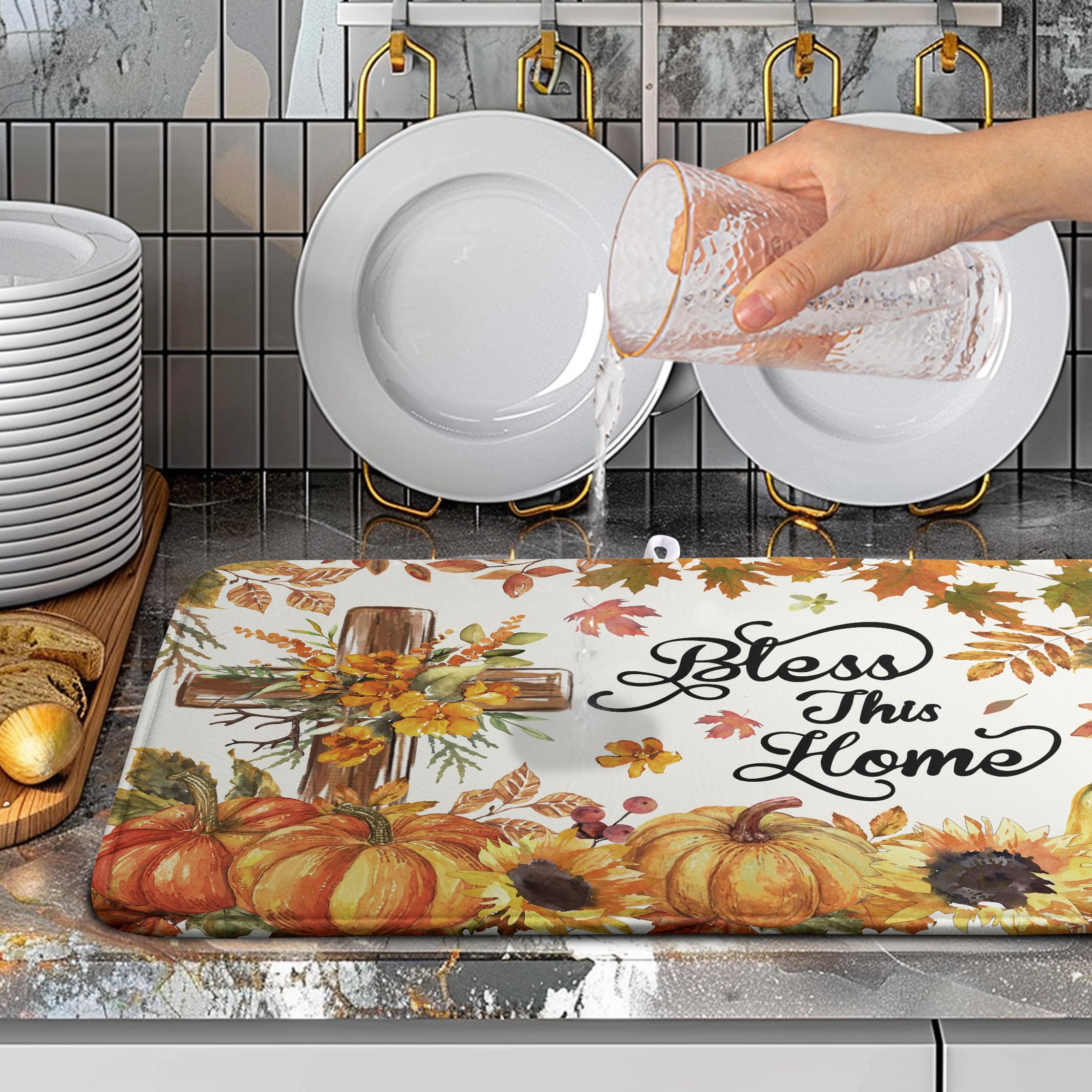 Wnoesat Fall Drying Mat for Kitchen Counter Autumn Thanksgiving Pumpkin Cross Dish Mat Sunflower Maple Leaf Absorbent Microfiber