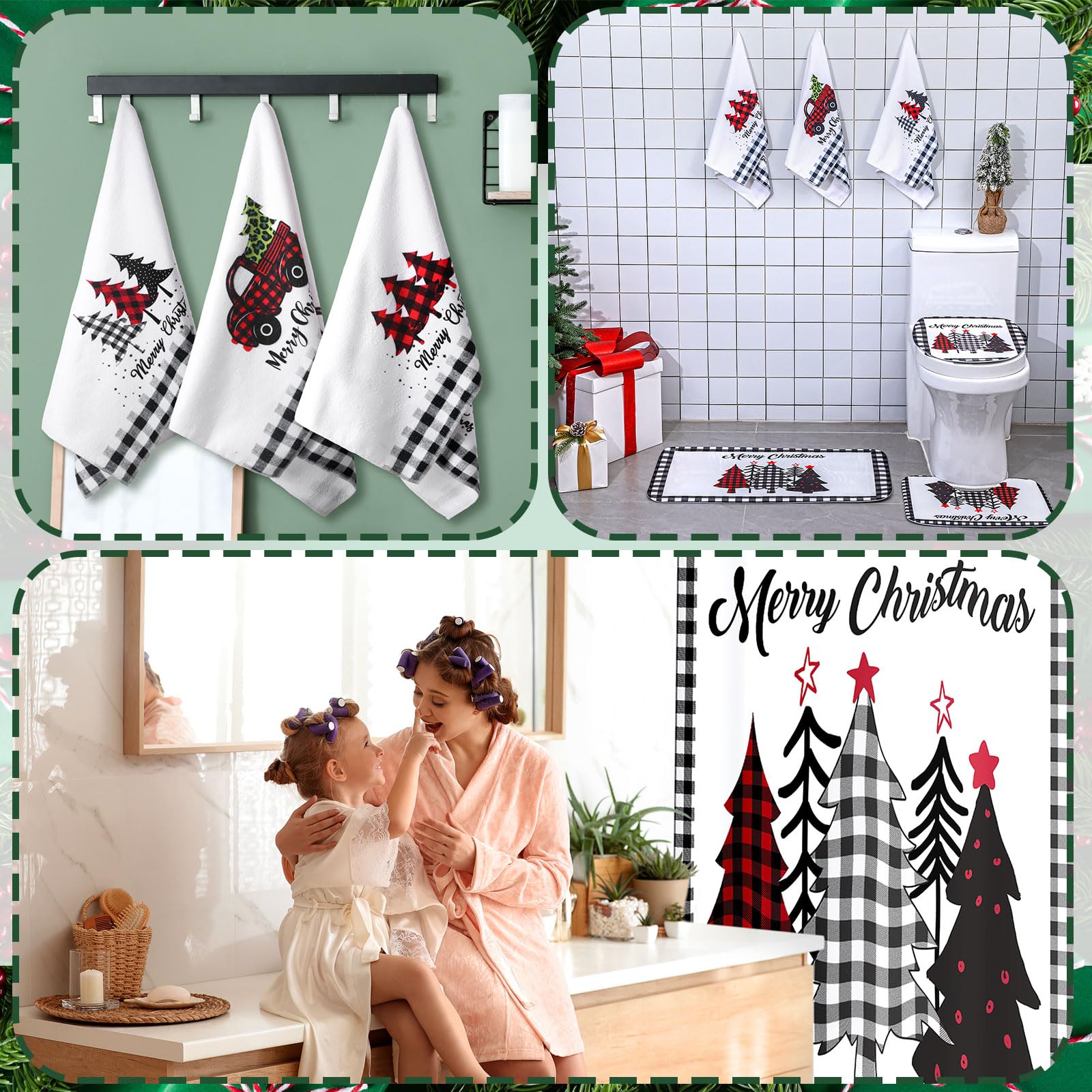 Newwiee 7 Pcs Christmas Bathroom Set Xmas Shower Curtain, Non-Slip U Shape Rug, Toilet Lid Cover, Bath Mat And 3 Washcloth Bathr