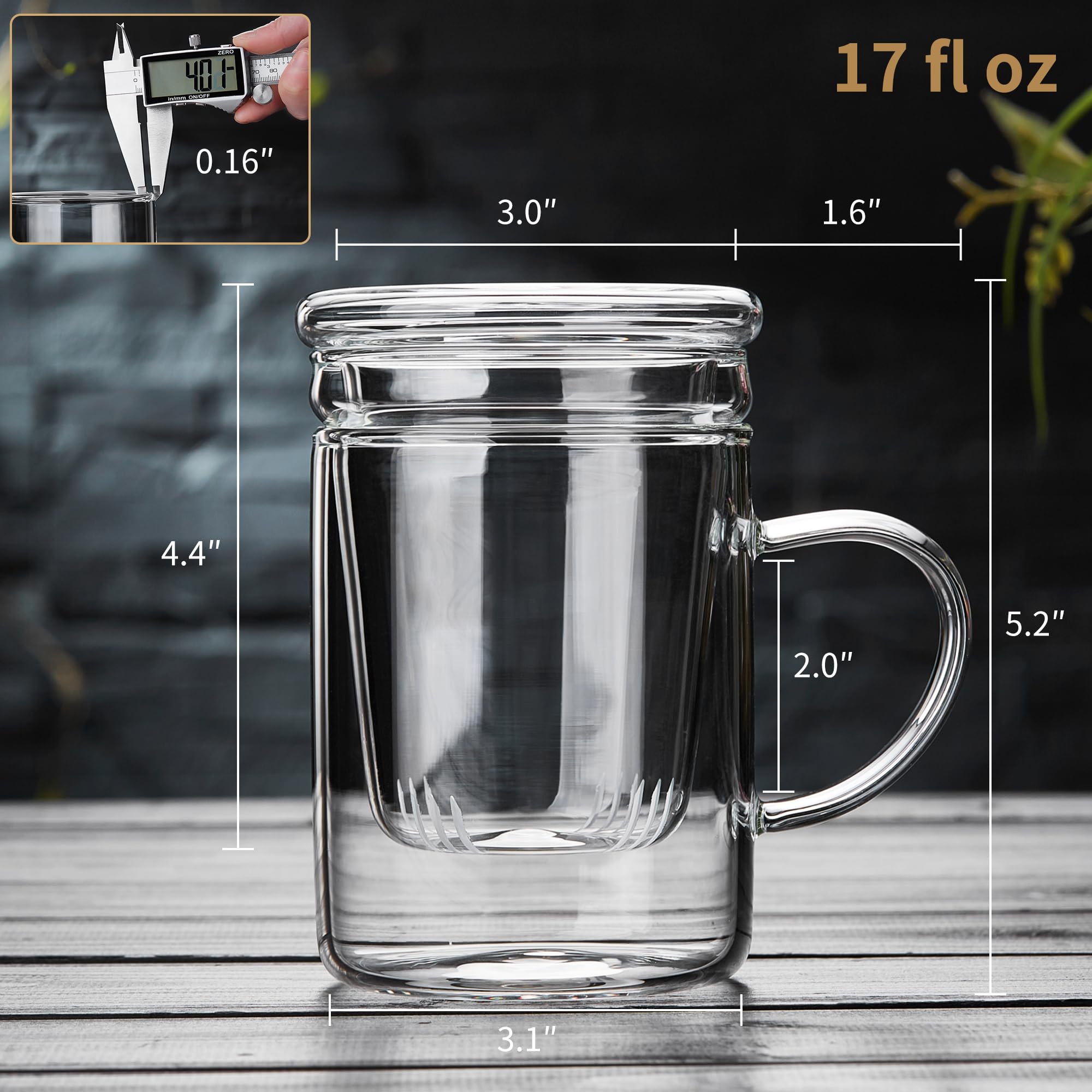 Unbreakable Glass Tea Cup With Infuser And Lid 17 Fl Oz, Heat Resistant Borosilicate Glass, Tea Infuser Mug For Blooming And Loo