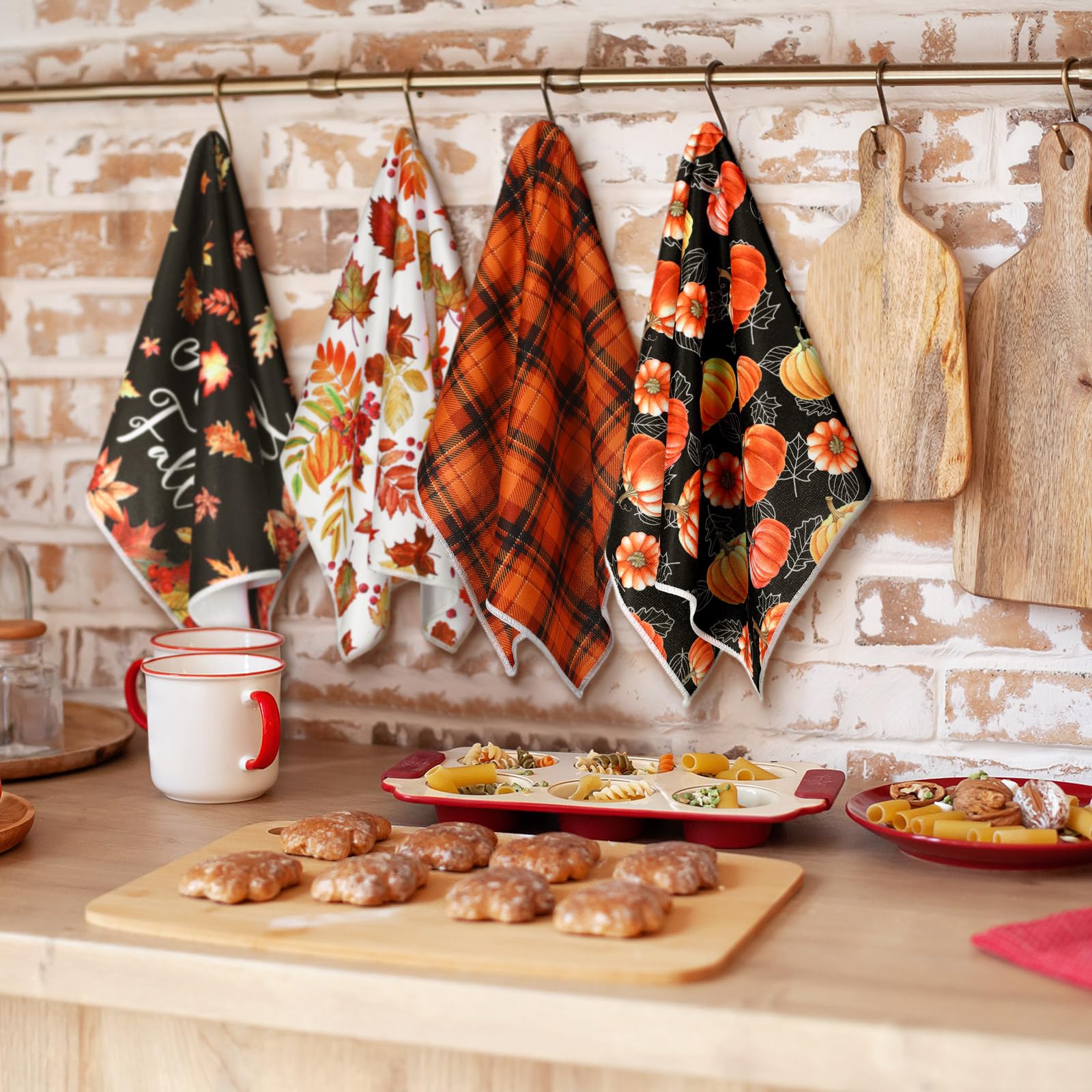 Bencailor 4 Pcs Thanksgiving Fall Kitchen Towels Maple Leaves Hand Dish Towels Pumpkin Orange Fall Tea Cloth Fast Drying Decor H