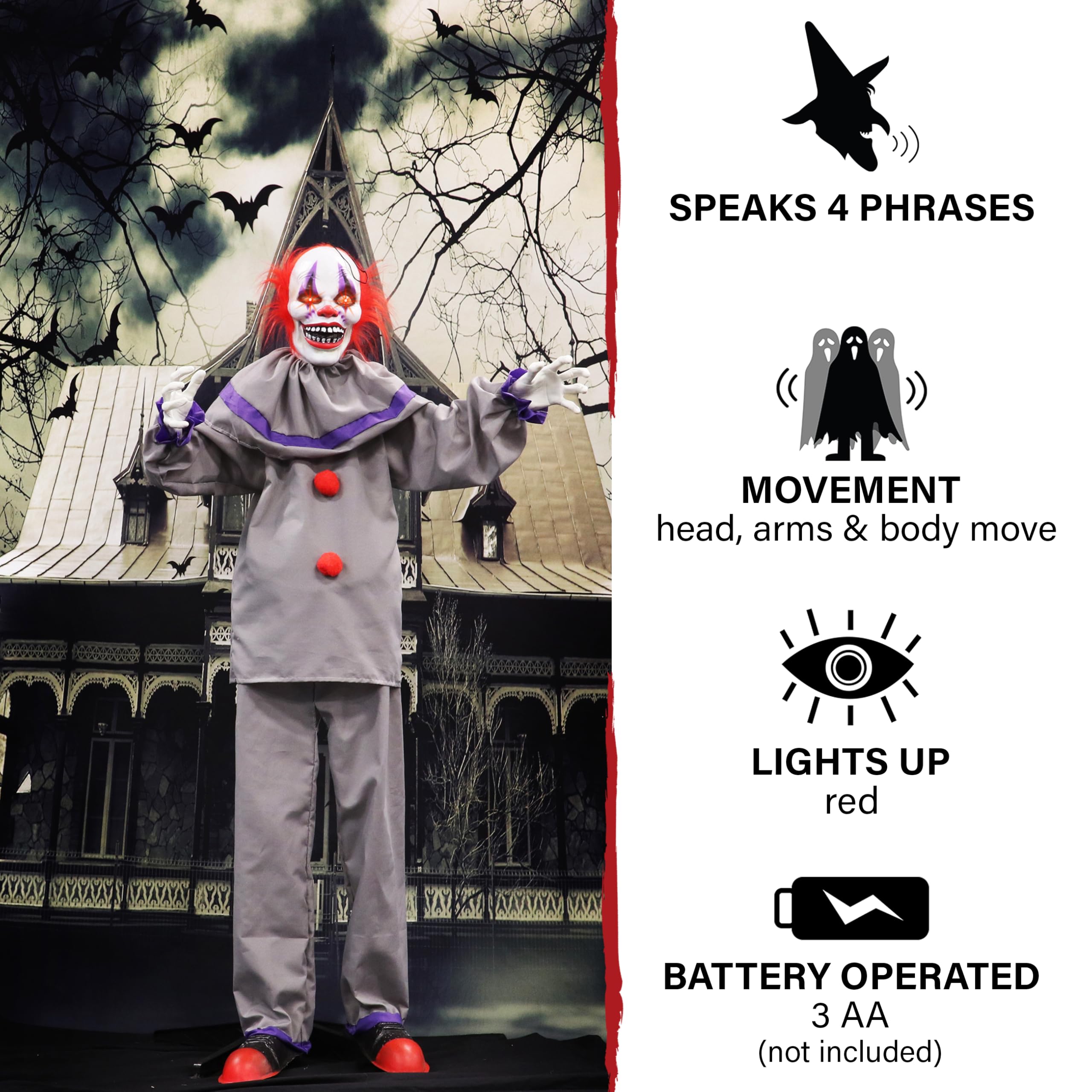 Haunted Hill Farm Life-Size Scary Talking Clown Halloween Animatronic with Motion and Touch Activated Lights and Sound, Battery