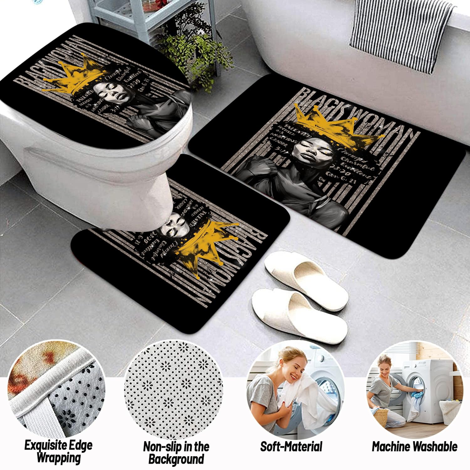 4Pcs Praying Black Queen Shower Curtain Set, Inspirational Quote Afrcian American Woman Shower Curtains With Rugs Toilet Lid Cov
