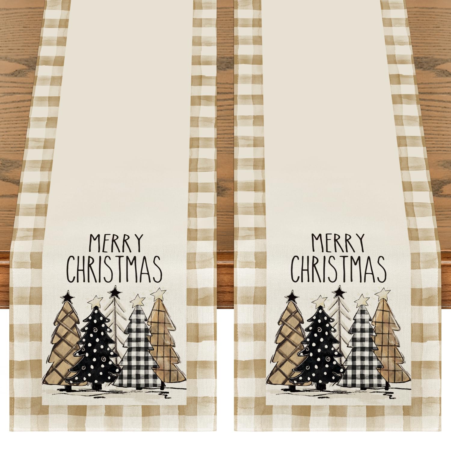 Artoid Mode Brown Buffalo Plaid Xmas Trees 2Pcs Merry Christmas Table Runner, Seasonal Winter Holiday Table Decoration For Home