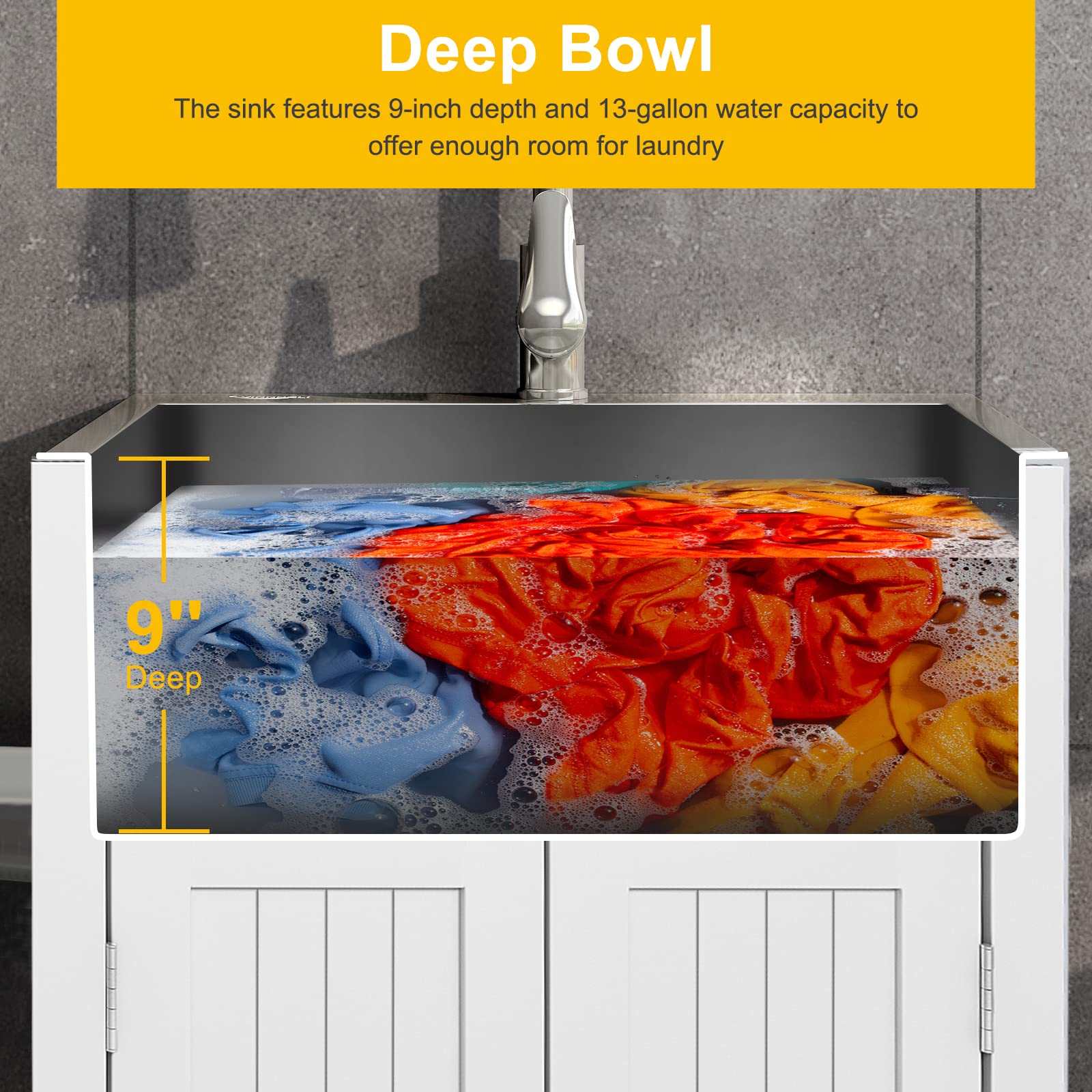 Vingli 24-Inch Laundry Sink With Cabinet And Pull-Out Sprayer Faucet, Stainless Steel Utility Sink With Cabinet, White Cabinet W