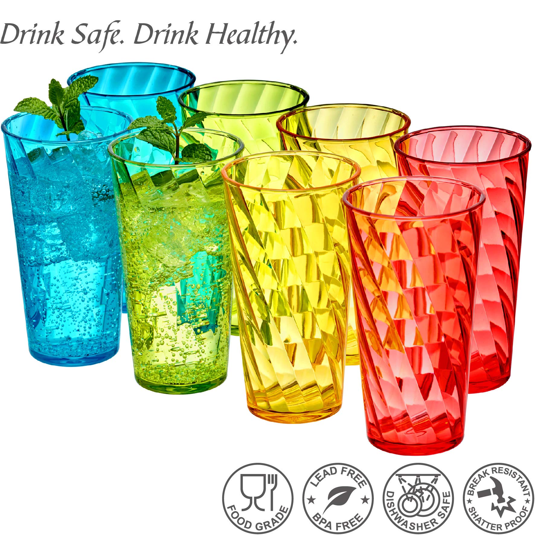 Amazing Abby - Glacier - 18-Ounce Plastic Tumblers (Set of 8)  Plastic Drinking Glasses  Mixed-Color High-Balls  Reusable Plastic Cups  Stackable  BPA-Free  Shatter-Proof  Dishwasher-Safe