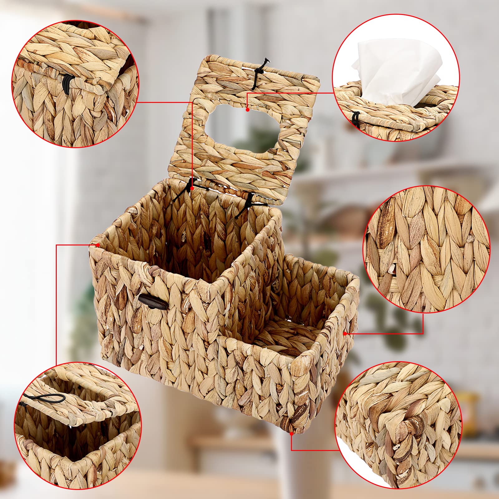 Sumnacon Square Woven Tissue Box Cover - Decorative Cube Wicker Tissue Box Holder With Side Organizer, Rustic Water Hyacinth Tis