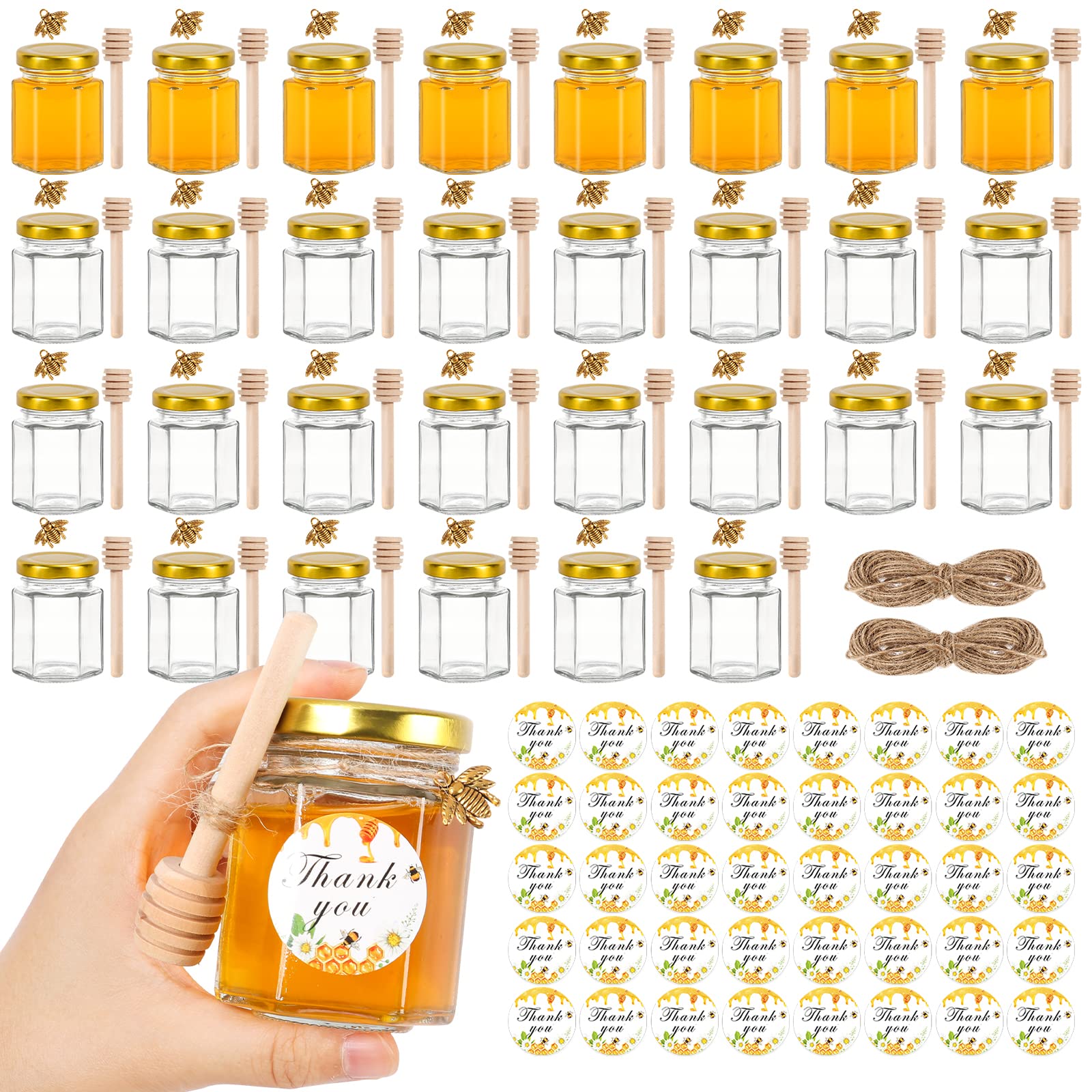 Aurotrends 30-Pack 3Oz Glass Honey Jars With Wooden Dippers - For Wedding And Baby Shower Favors