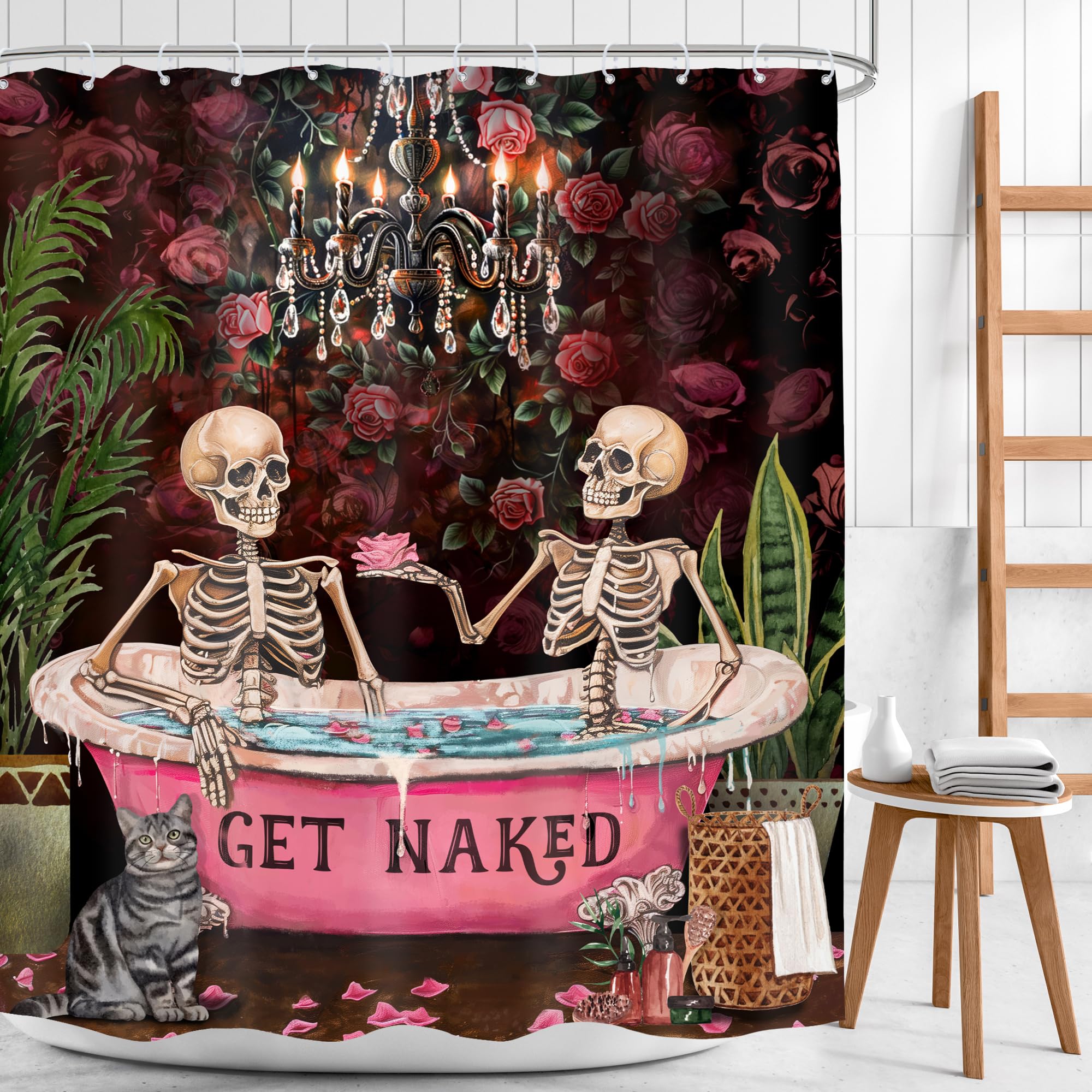 Mitpok Gothic Skull Skeleton Shower Curtain 72Wx72H Vintage Spooky Funny Black Rose Bone In Bathtub Retro Floral Flower Plant Ba