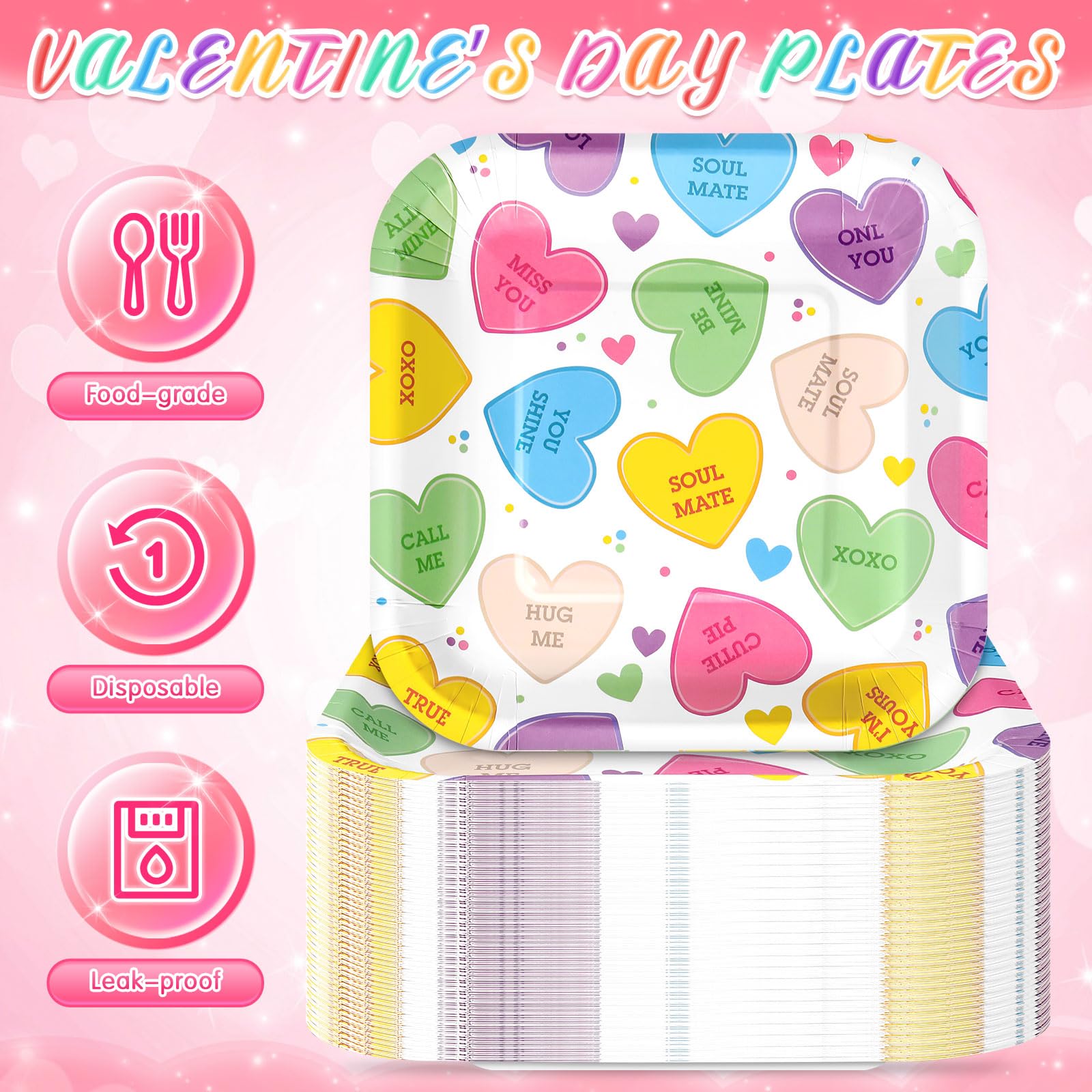 Potchen 100 Pcs Valentine'S Day Dessert Plates Bulk 7 X 7 Inch Conversation Heart Paper Plates Disposable Heart Square Paper Pla