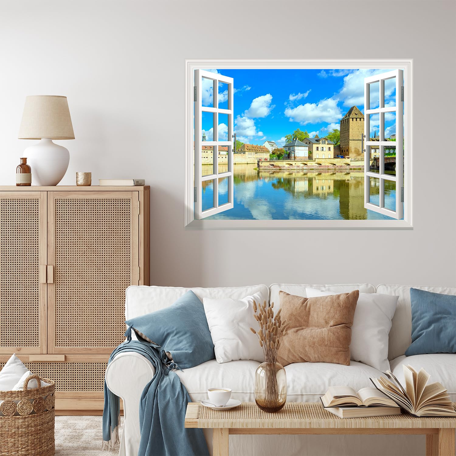 wall26 Removable Wall Sticker/Wall Mural - Peaceful River in a Quiet Town | Creative Window View Wall Decor - 24 Inchx32 Inch