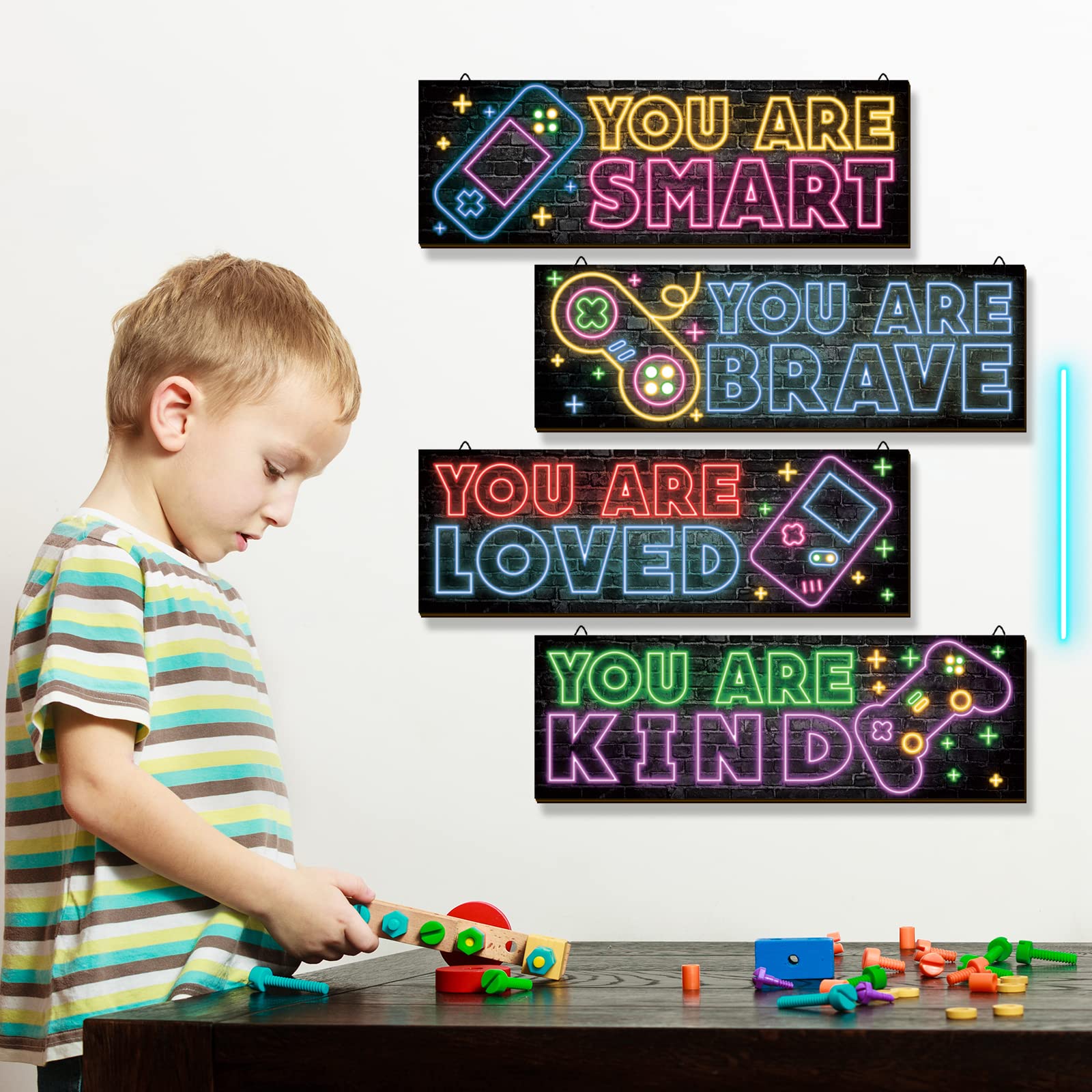 4 Pieces Neon Gaming Decor For Boys Room Wooden Video Game Wall Art Print 11.8 X 3 Inch Motivational Quote Gamer Hanging Plaques