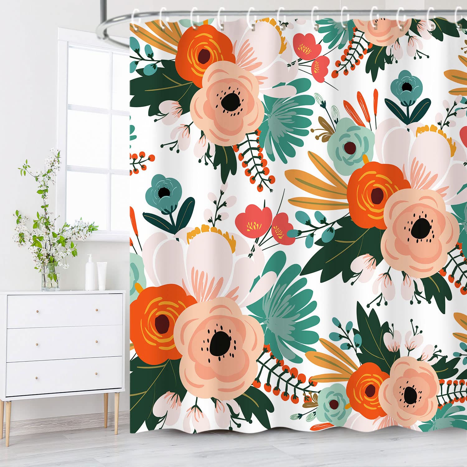 Livilan Floral Shower Curtain, Bohemian Flowers Shower Curtain Set, Colorful Red Pink Orange Blossom Poppy Shower Curtain With H