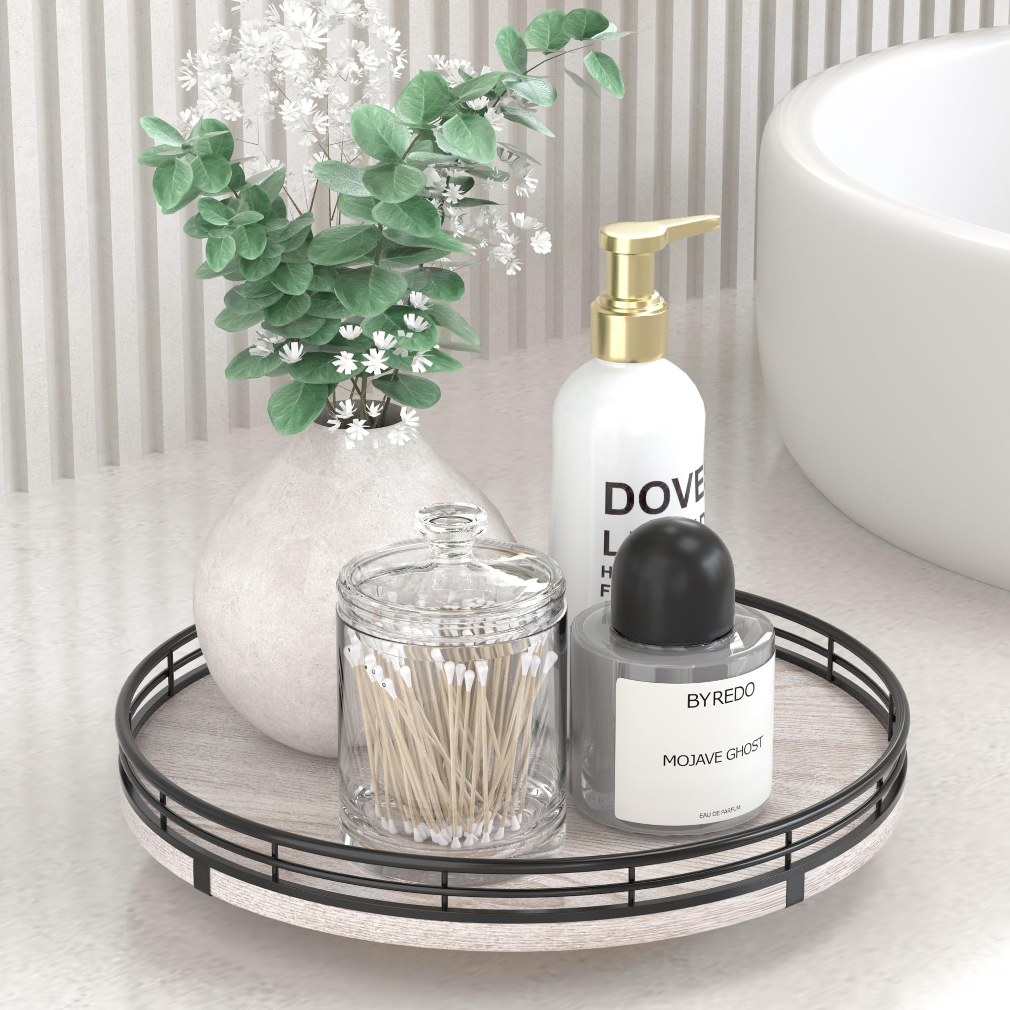 10 Oak Bathroom Vanity Tray Turntable for Perfume Candle, Round Wooden Decorative Tray for Kitchen Sink Countertop Organizer, Ba