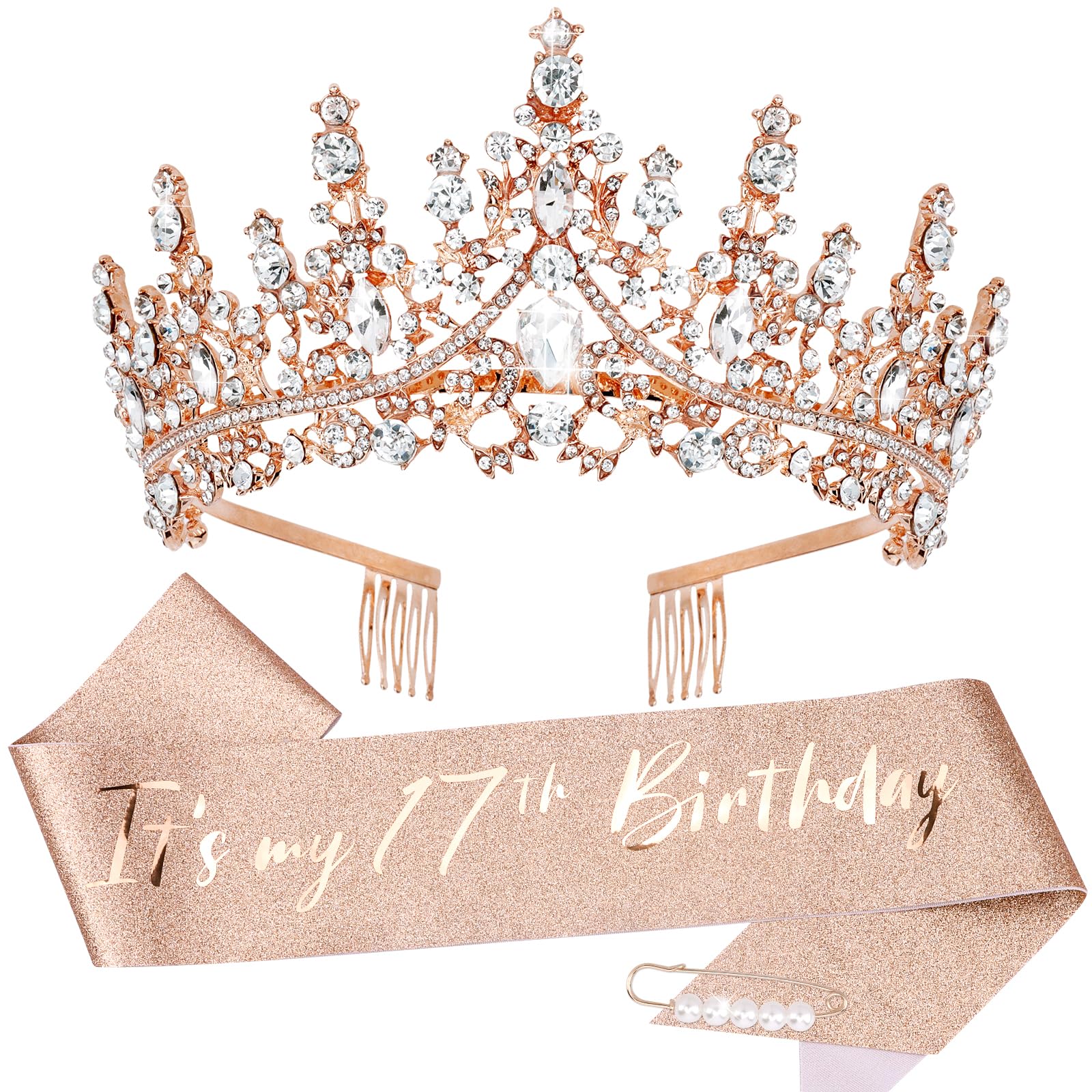 Tobatoba 17Th Birthday Decorations For Girls, Rose Gold Birthday Sash And Tiara For Girls, It'S My 17Th Birthday Decorations For