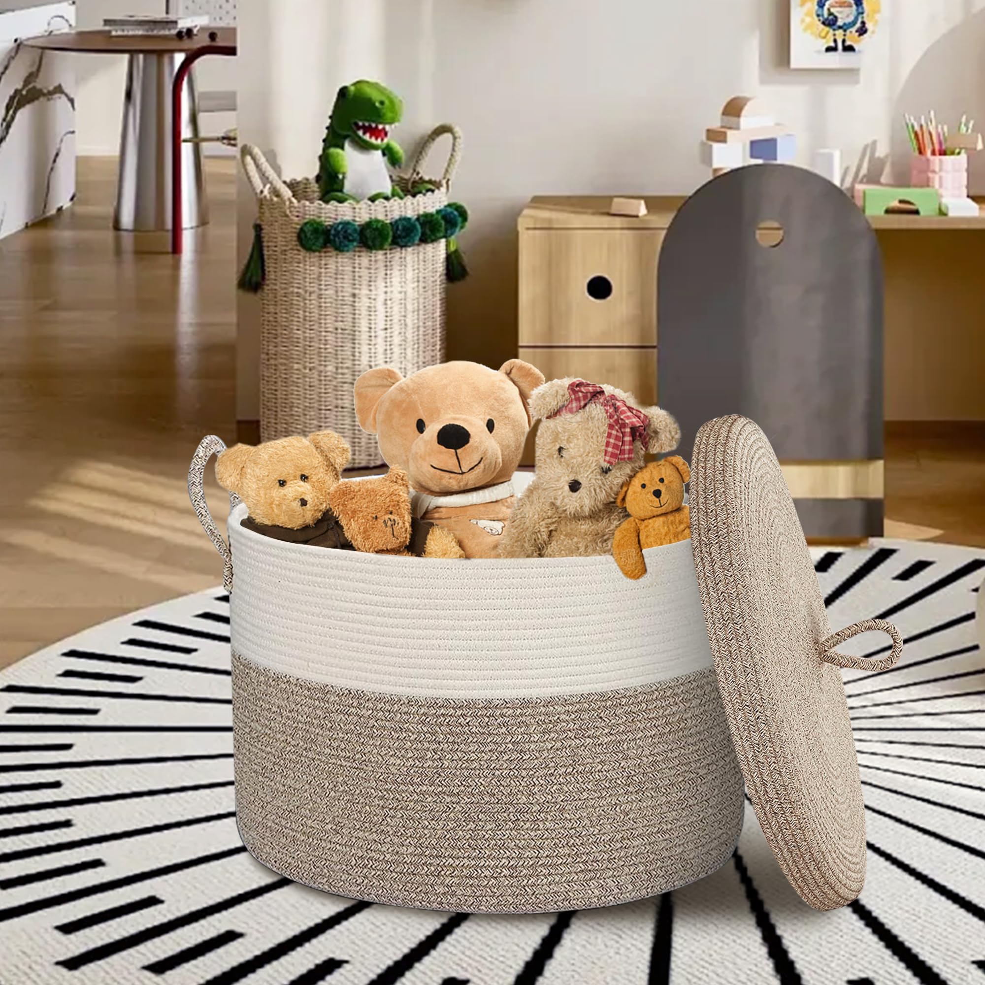 Honcesta 18'' X 14'' Large Storage Basket With Lid, Blanket Basket Living Room, Woven Cotton Rope Baskets For Storage, Kids Toy