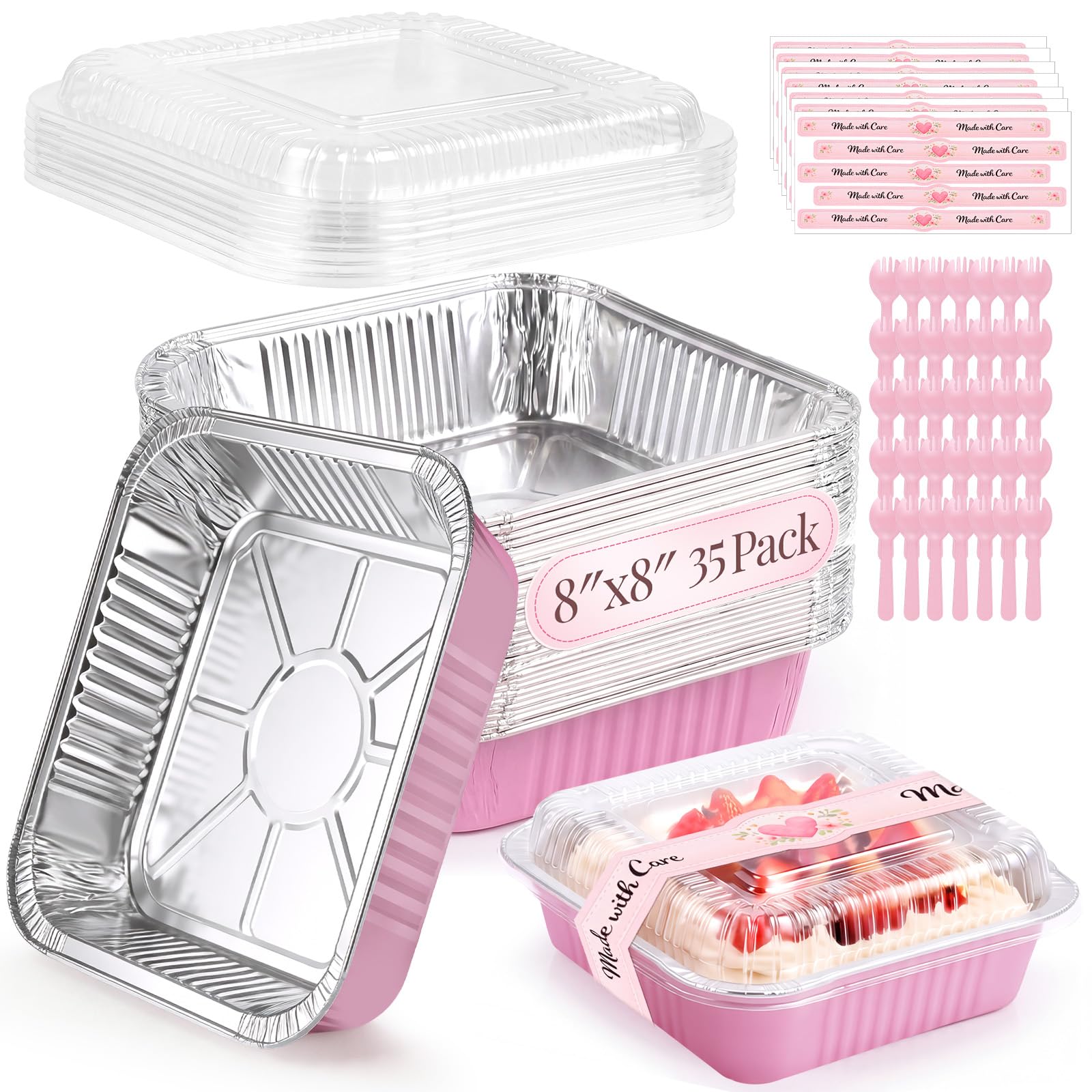 YQER 35 Pack 8x8 Inch Pink Disposable Aluminum Pans with Lids, Spoons, 8 Inch Square Cake Tins Containers  Foil Baking Pans for