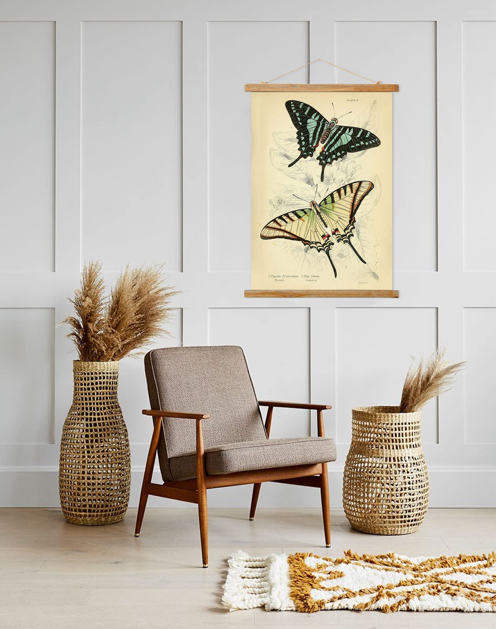 Retro Butterfly Poster Hanger Frame, Retro Style Wall Art Prints, Printed On Linen With Natural Wooden Frames, For Living Room O
