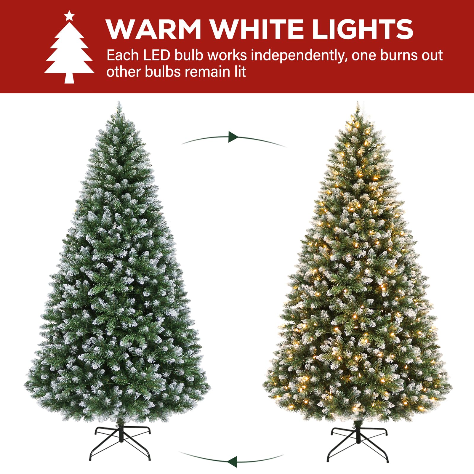 Hykolity 7.5 ft Prelit Christmas Tree, Artificial Christmas Tree with 350 Warm White Lights, 1446 Branch Tips, Metal Stand and H