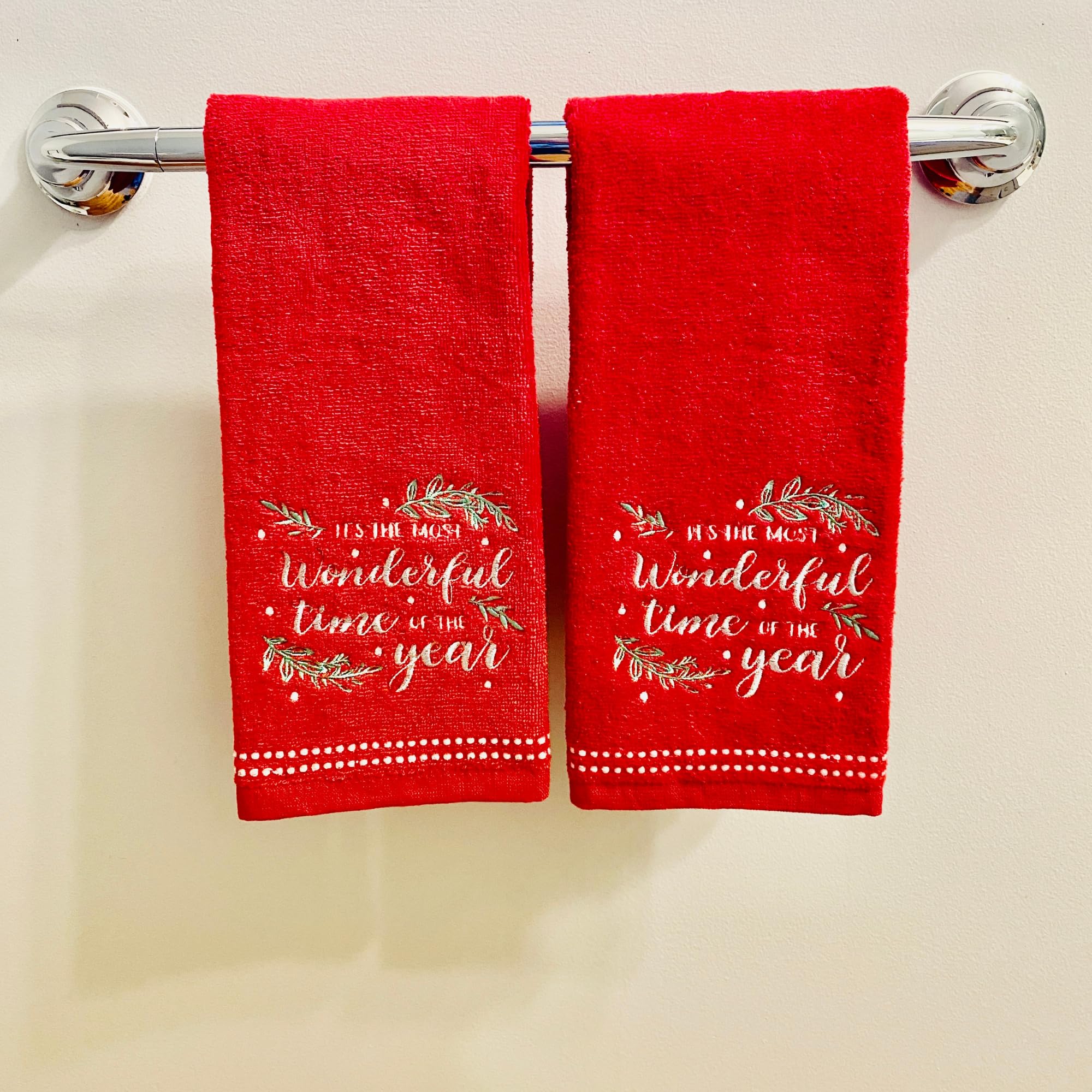 Christmas Bath Hand Towels, 16 X 25 Inches, 100% Cotton, Set Of 2, Red With Embroidered 'It'S The Most Wonderful Time Of The Yea