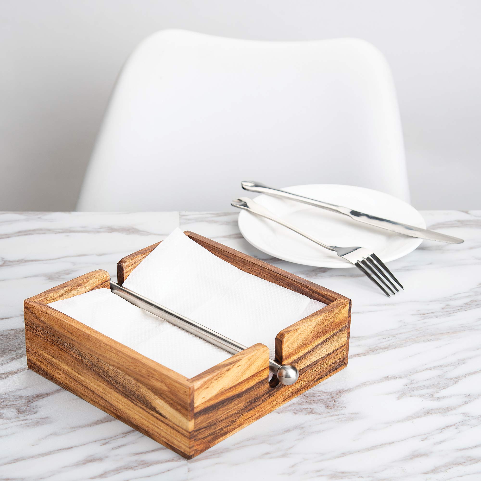 Ironwood Gourmet Acacia Wood Napkin Holder With Weighted Stainless Steel Center Bar, 6.25-Inches, Brown