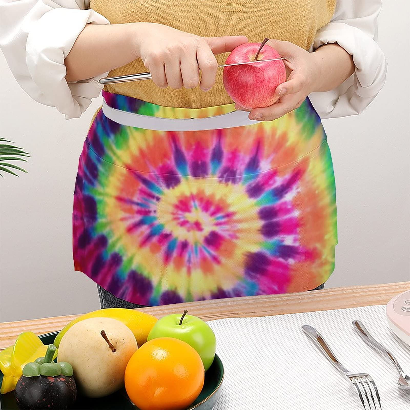 Tie Dye Half Waist Apron With 3 Pockets Adjustable Chef Cooking Serving With Long Strap Aprons For Women Men Kitchen Restaurant