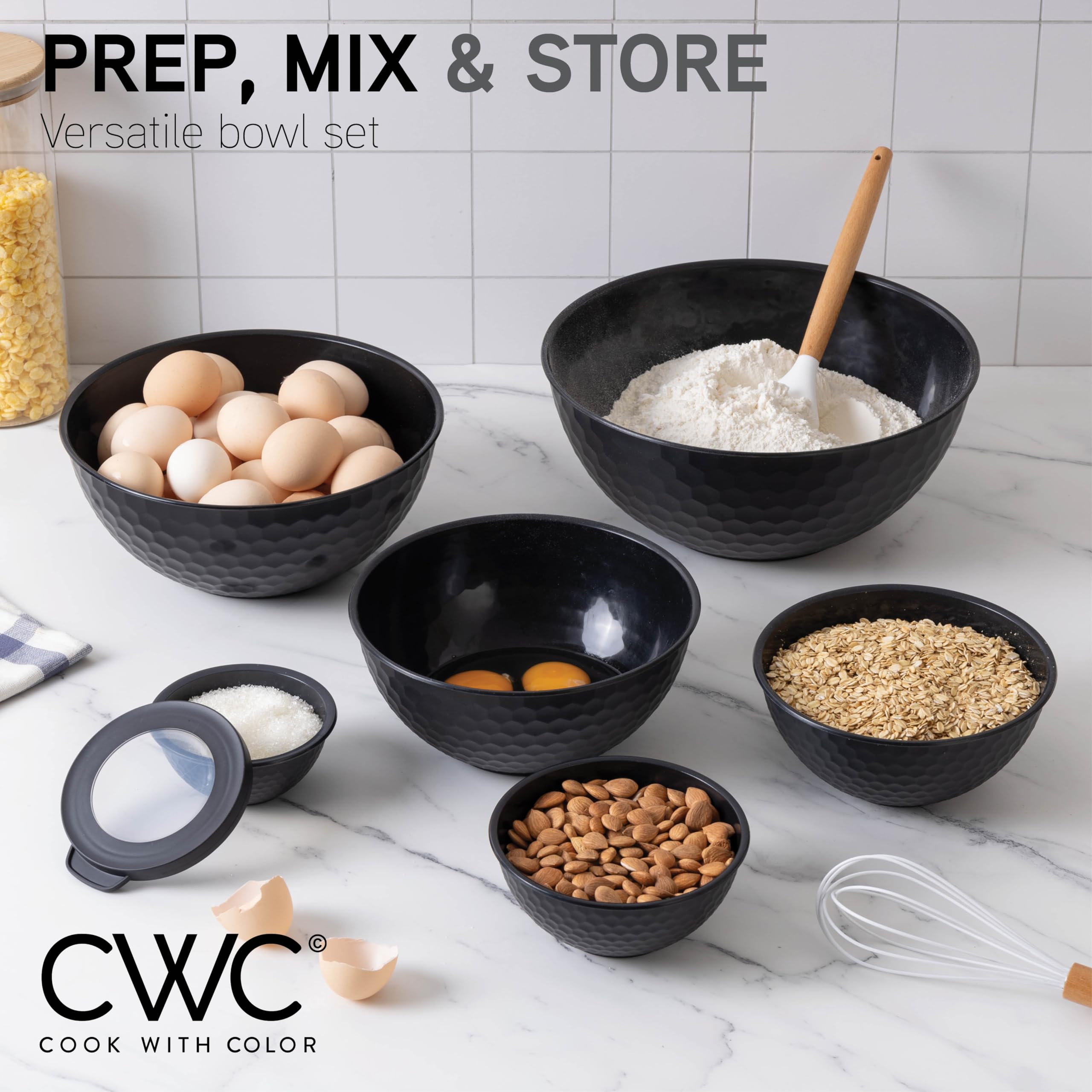 Cook With Color Plastic Nesting Mixing Bowls Set - 12 Piece Includes 6 Prep Bowls And 6 Lids, Microwave Safe (Gray Ombre)