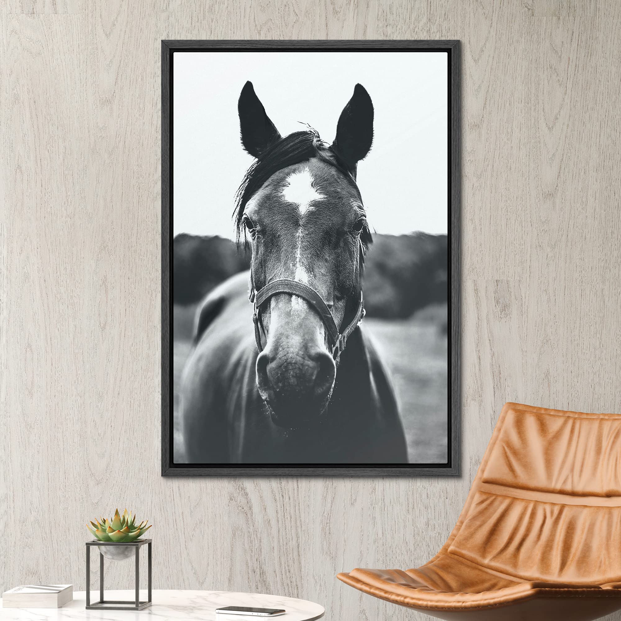SIGNWIN Framed Canvas Wall Art High Contrast Horse Animals Black and White Duotone Expressive Grey Horse Living Room Photography Rustic - 16''x24'' BLACK