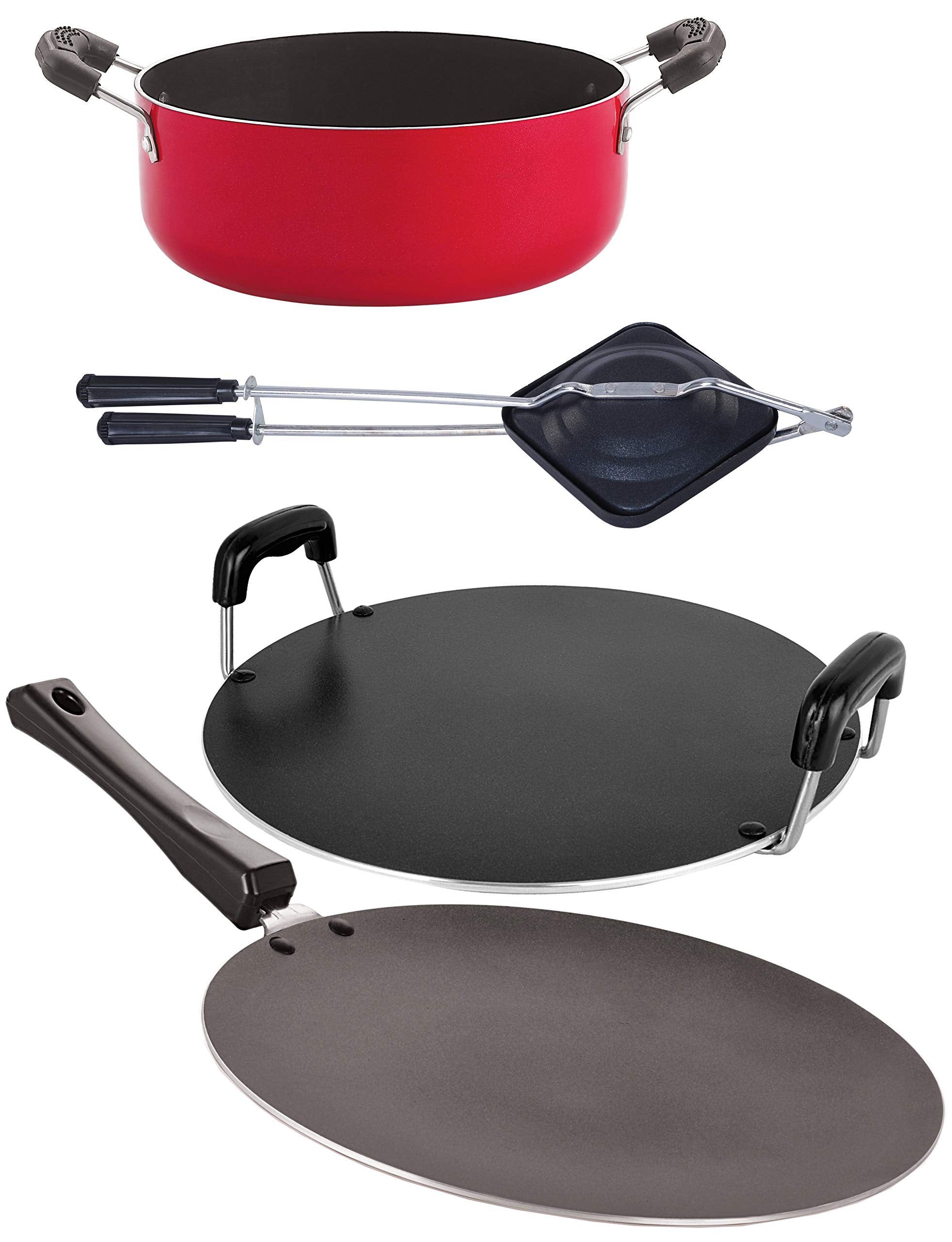 Nirlon NonStick Aluminum Cookware Set, 4Piece, Red And Black (2.6Mm_Ct12_Rt_Ht_Cass22)
