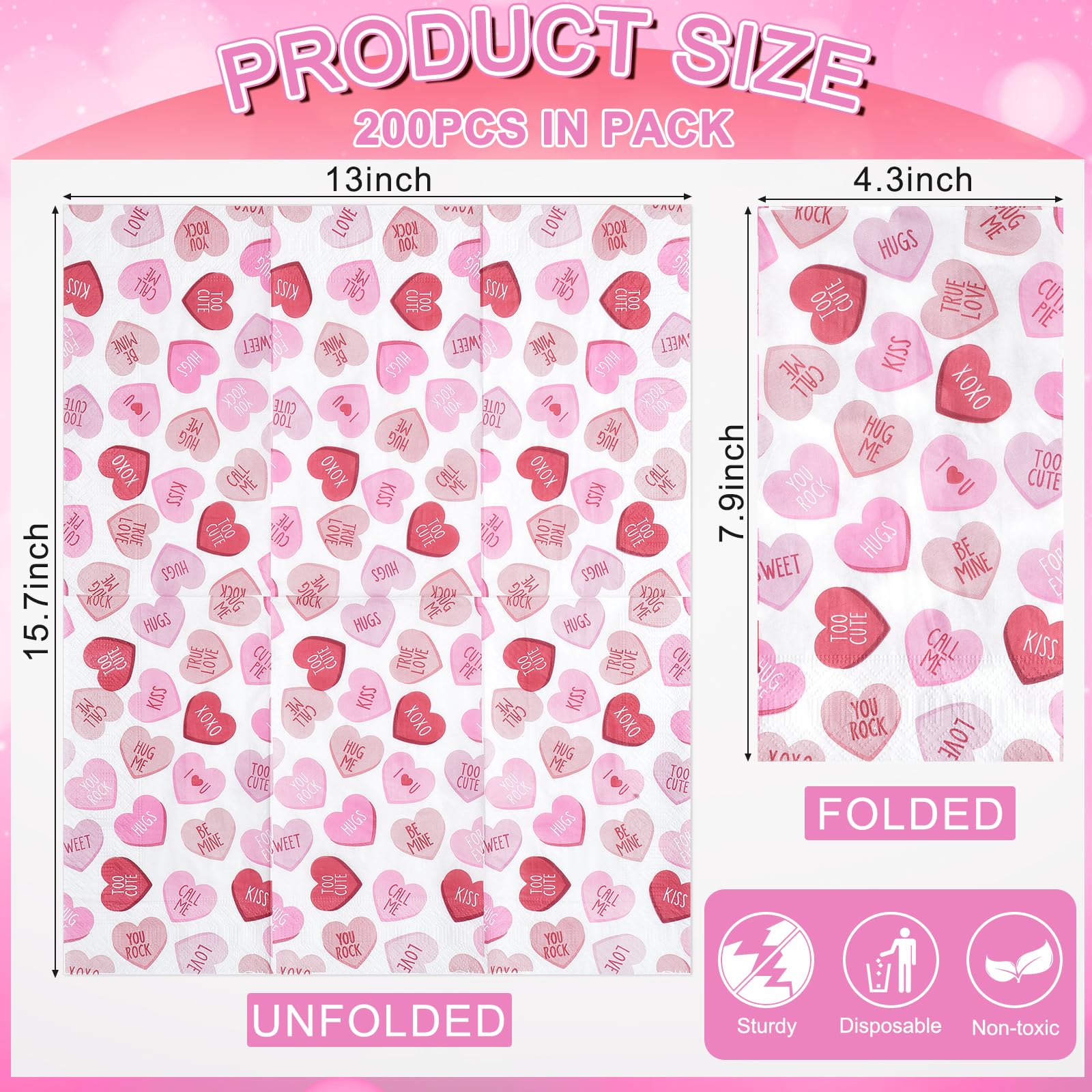 200Pcs Valentines Day Paper Napkins, Pink Disposable Love Heart Napkins, Valentines Decorative Paper Guest Towels For Valentines