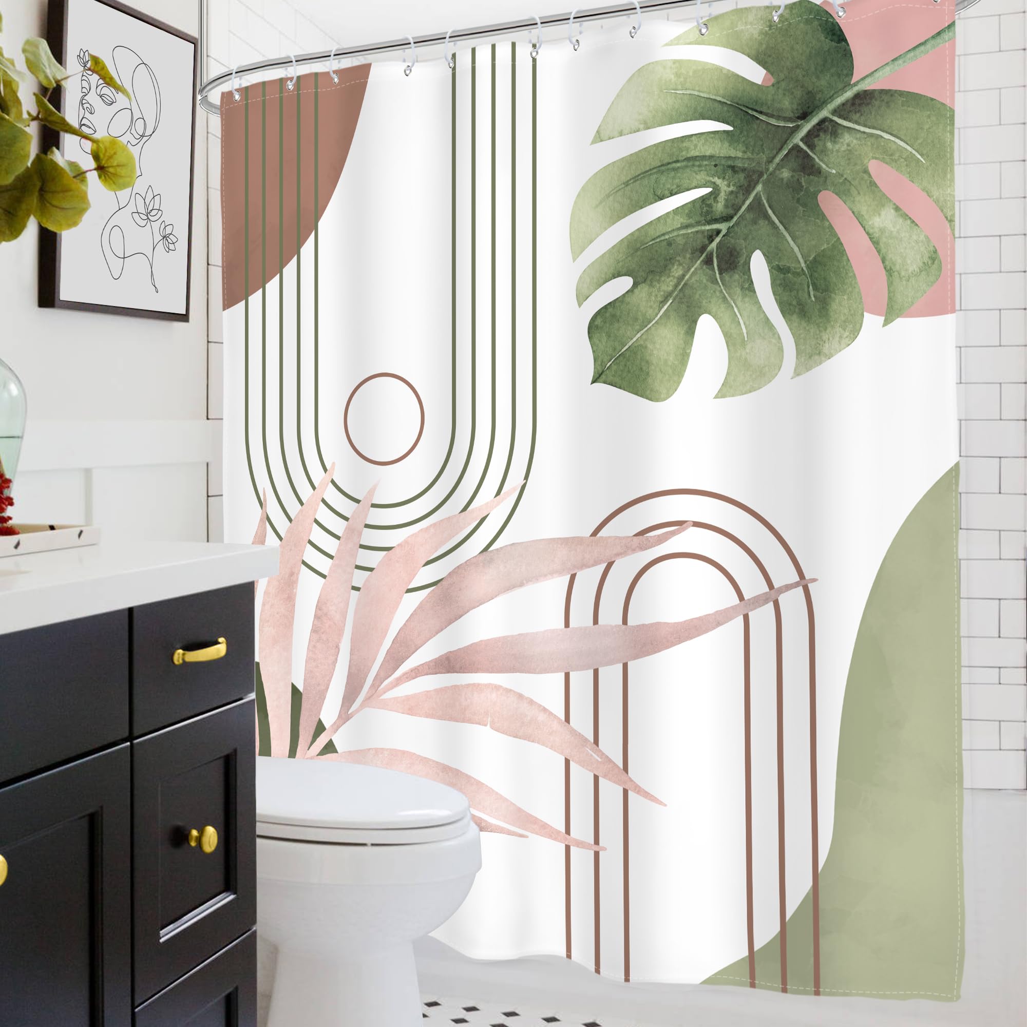 Glawry Abstract Tropical Shower Curtain Chic Boho Plant Palm Leaf Watercolor Pink Green Simple Minimalist Bathroom Modern Botani