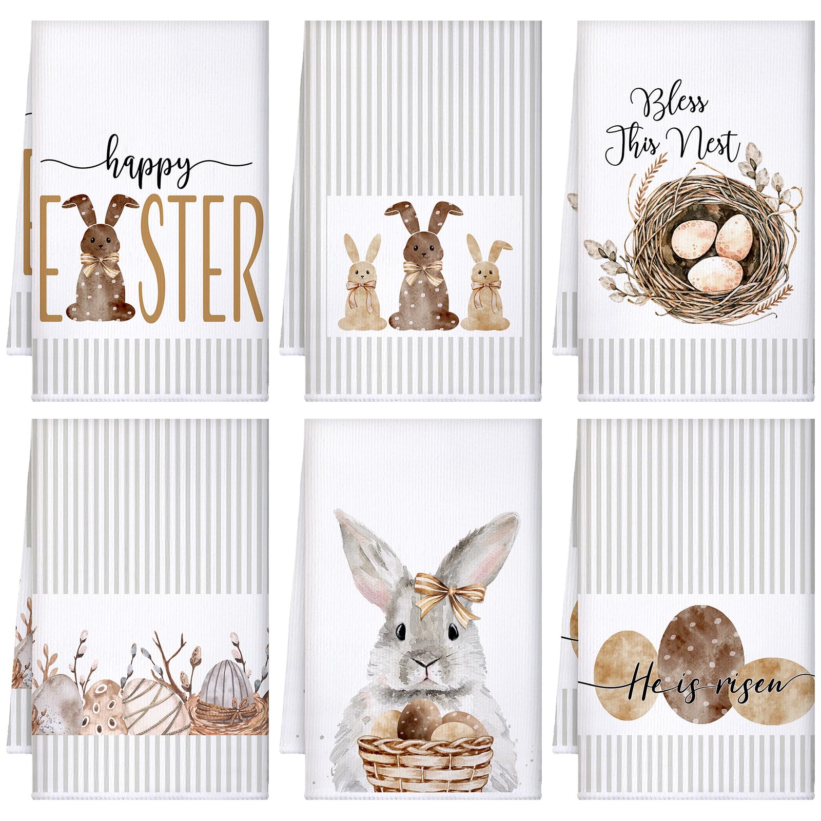 Tegeme 6 Pcs Easter Towels Bunny Tea Towel Stripe Buffalo Plaid Dish Towels Kitchen Hand Decor Polyester Towel Dish Cloths Absor