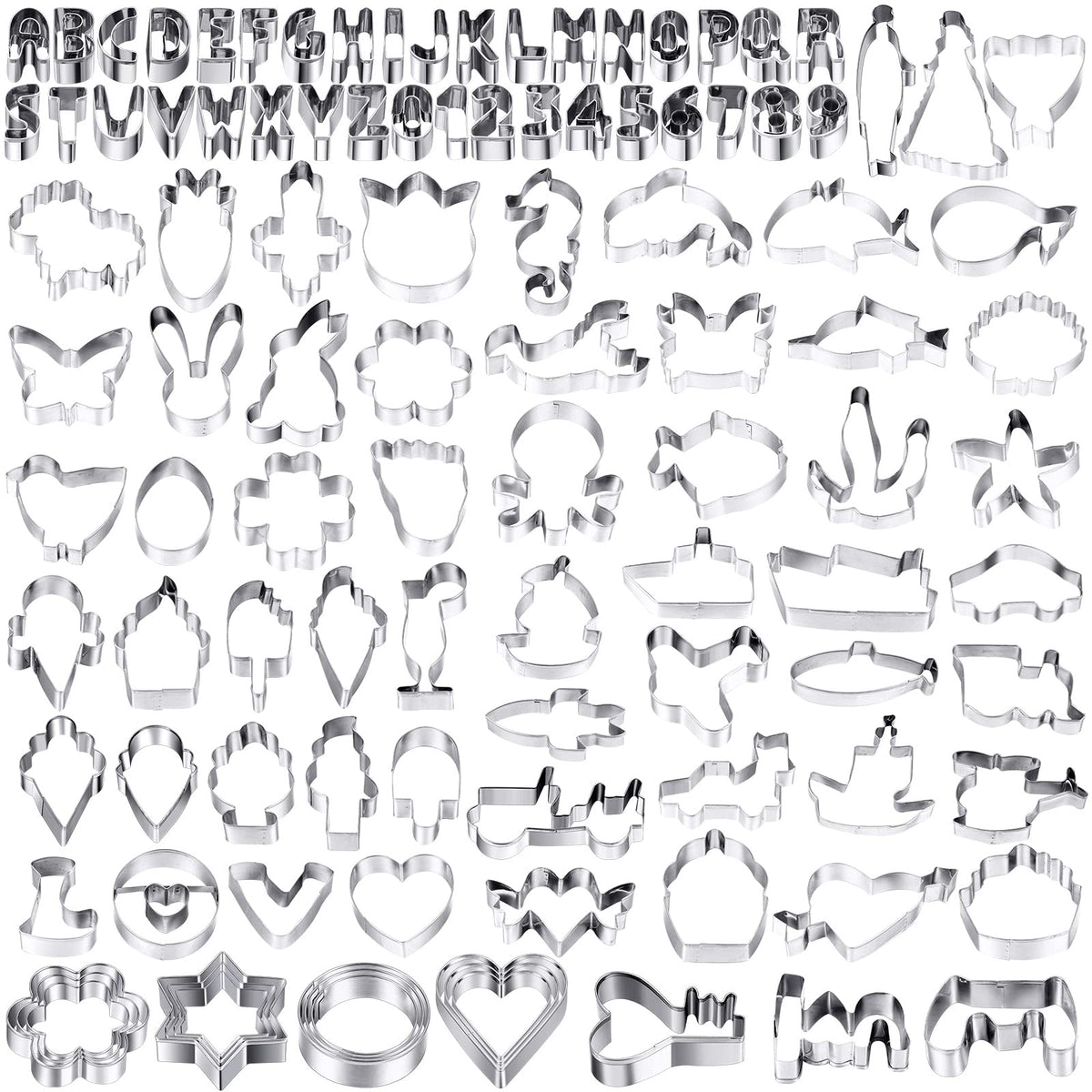 108 Pcs Metal Cookie Cutters Set Stainless Steel Biscuit Cutter Molds Include Heart Star Round Flower Vehicle Sea Creatures Alph