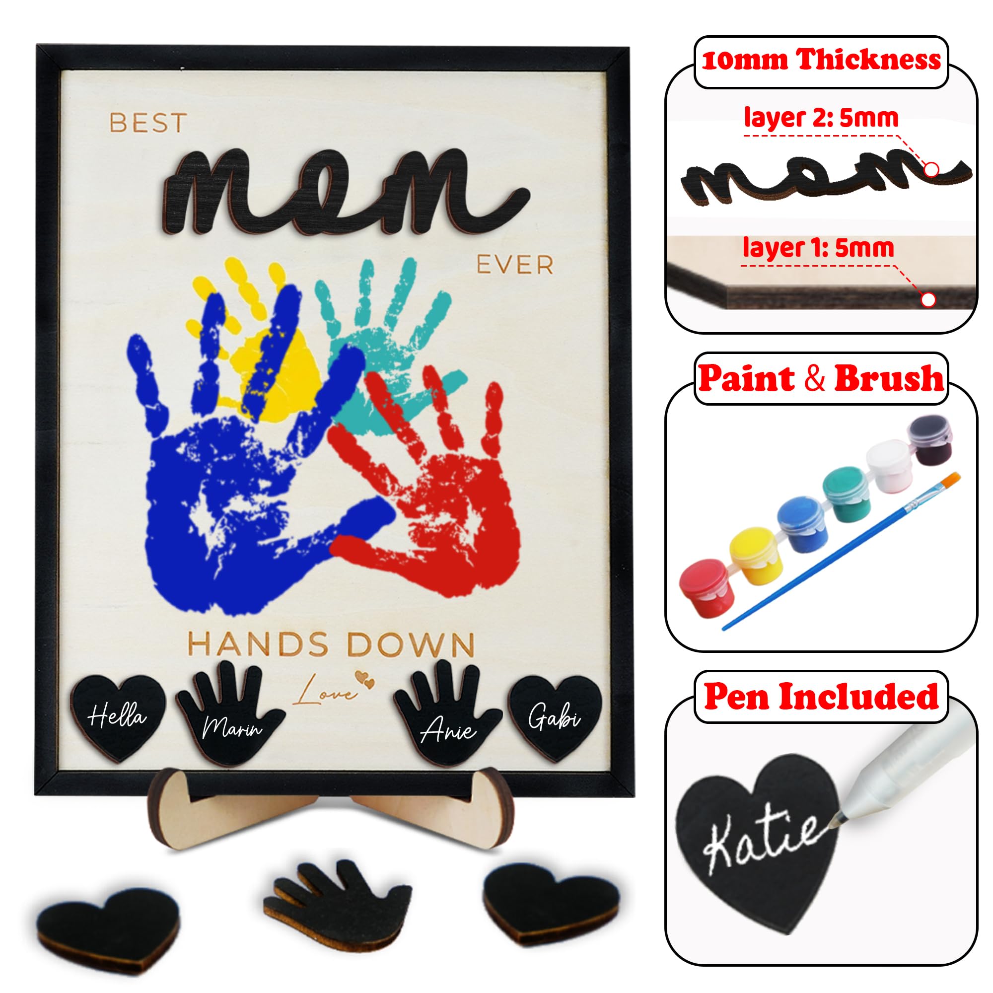 10 Hands Down Best Mom Ever DIY Handprint Kit with Acrylic Paints, Art Craft Family Keepsake Wood Frame Mom Keychain Birthday Mo