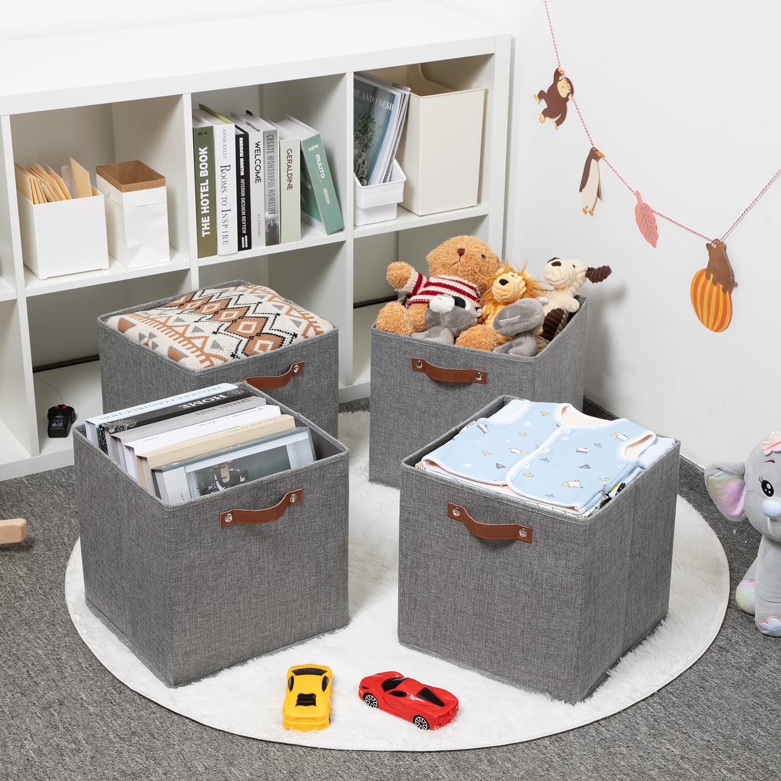 HNZIGE Fabric Storage Cubes Bins Baskets for Shelves Set of 4 Baskets  13 Inch Storage Bins with Handles  Foldable Storage Cube Organizer Bins Closet Bins Organizing Home Nursery Cubby Room (Gray)