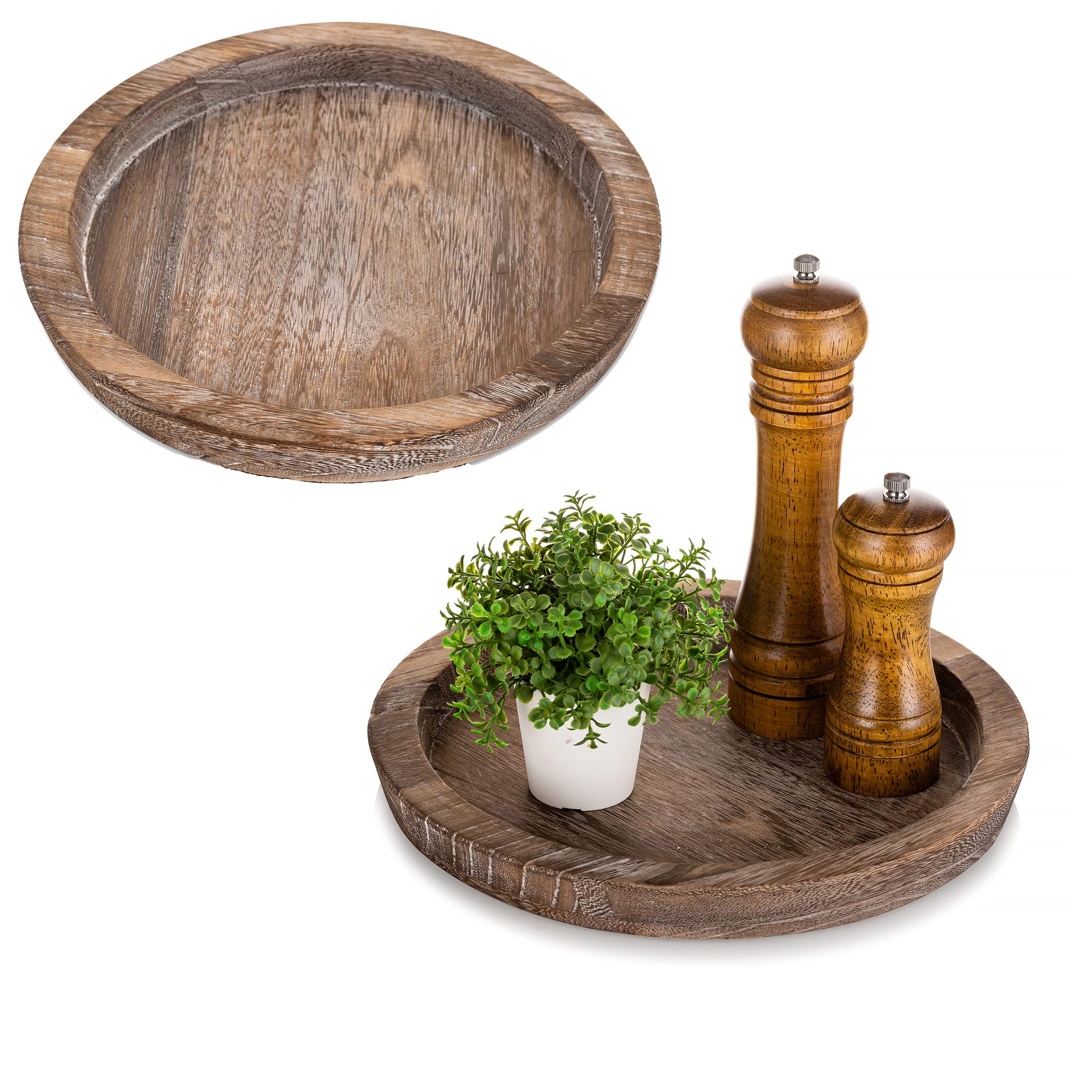 Hanobe Rustic Wooden Serving Tray: Set Of 2 Round Wood Butler Decorative Tray Vintage Centerpiece Candle Holder Trays Farmhouse
