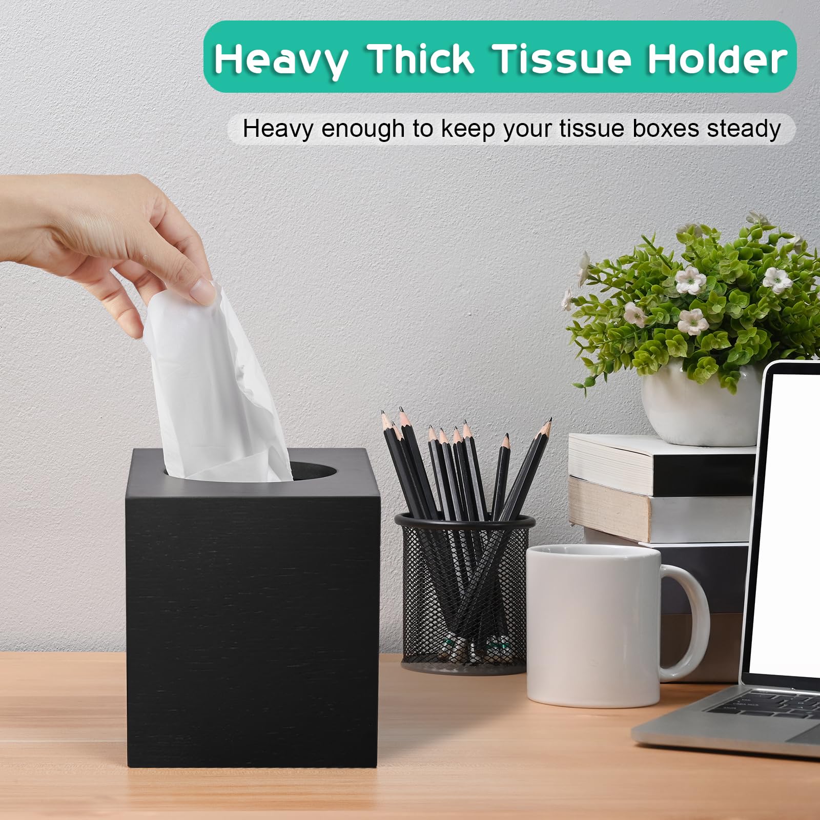 Alelion Black Tissue Box Cover Square - Thick Wooden Tissue Box Holder For Tabletop Night Stands Bathroom Office - Decorative Fa