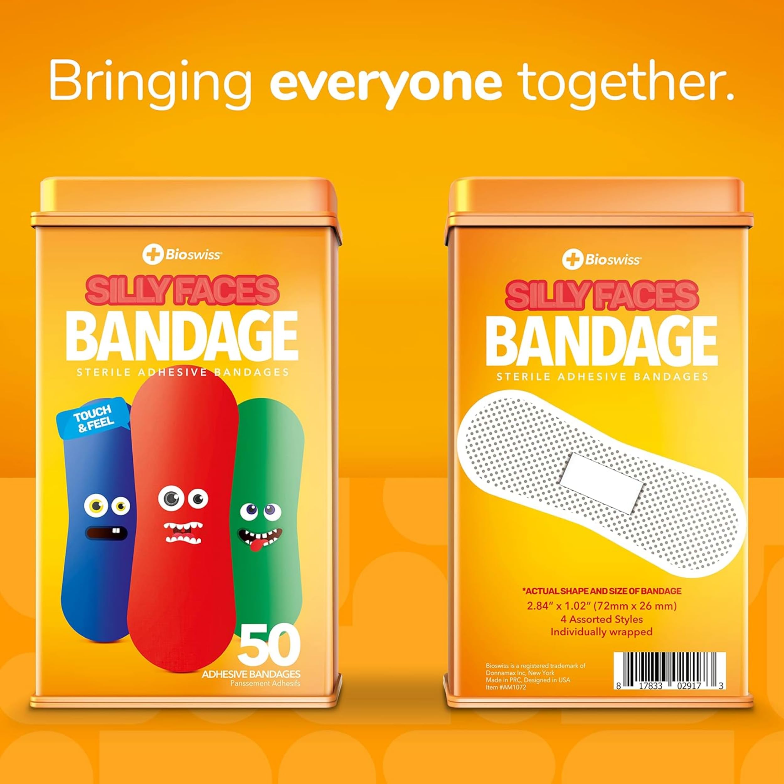 Bioswiss Silly Faces Shaped Bandages First Aid Latex Free Adhesive Bandage For Kids And Adults, First Aid Tin, 50 Pack