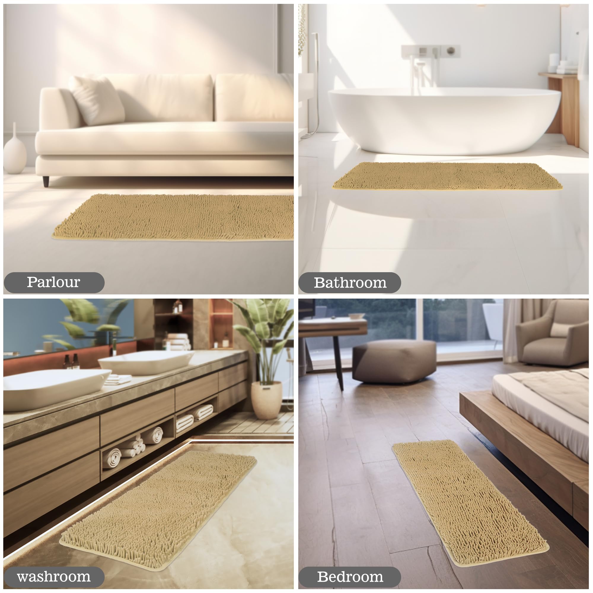 Yeaban Beige 47 X 17 Bathroom Rug - Thick Chenille Bath Mats | Absorbent And Washable Bath Rug Non-Slip, Plush And Soft Rugs For