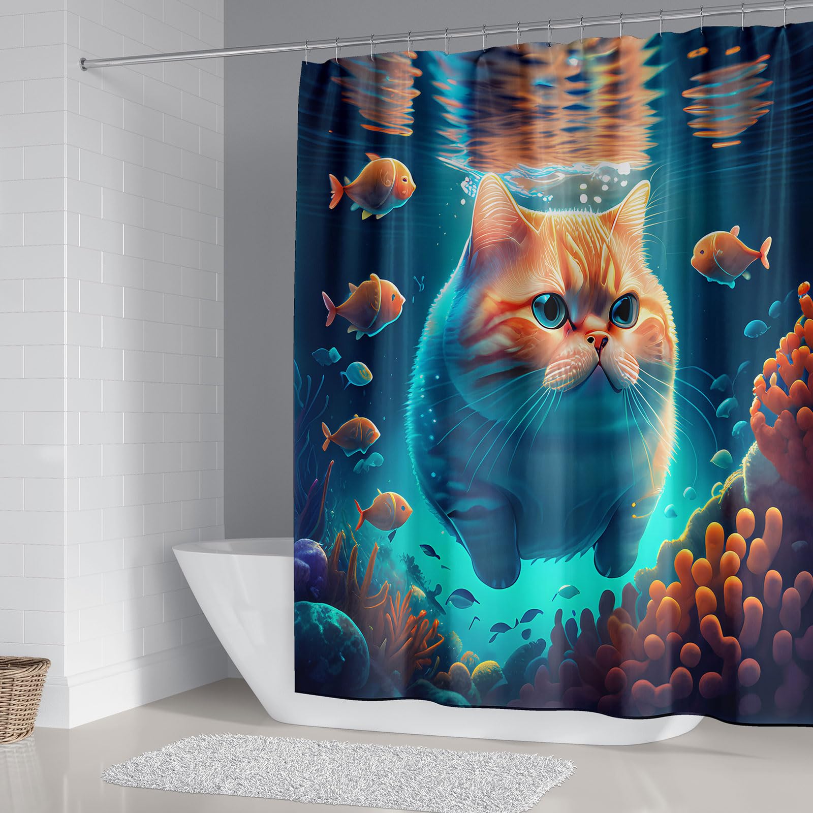 Dds-Dudes Cute Cat Shower Curtain Set For Kids Bathroom, Funny Orange Garfield Swimming And Fish In Sea Fabric Decor Waterproof