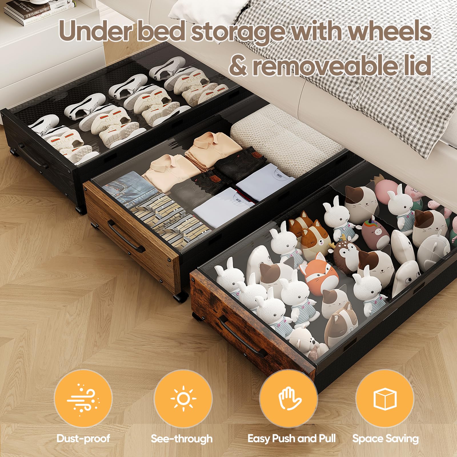 KITHELP Under Bed Storage with Wheels, Wooden Under Bed Drawers 2 Packs, Rolling Underbed Storage Containers Organizer with Hand