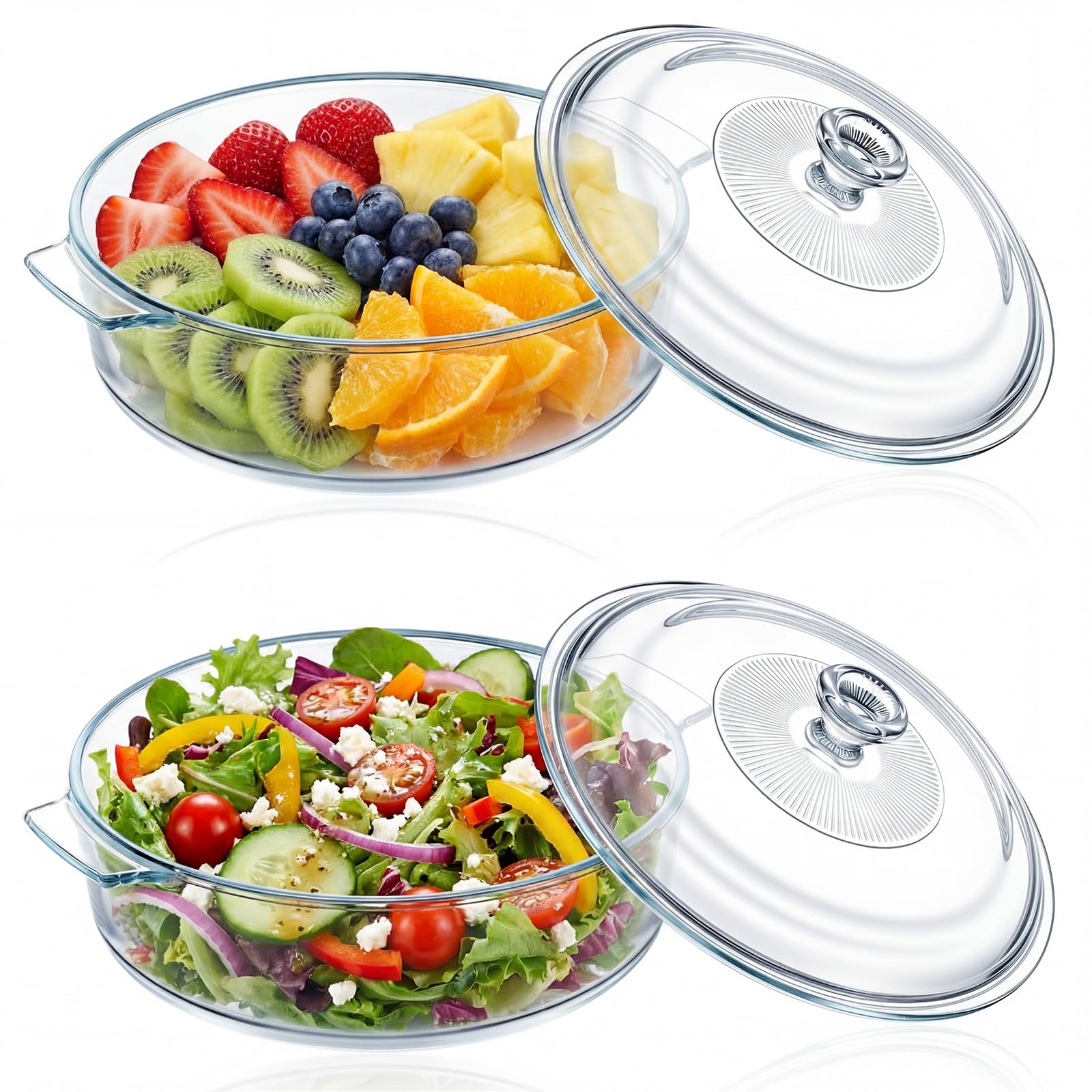 Singhoow 2 Pack 1.8 Quart Glass Casserole Dish with Lid, Mini Glass Baking Dishes for Oven, Round Covered Cookware for Kitchen R